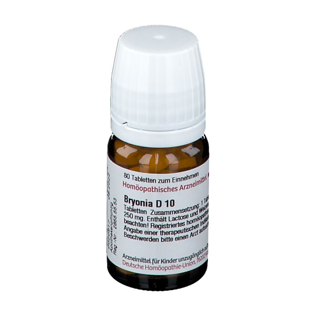 Braune Glasflasche mit weißem Deckel. Etikett mit Text: Bryonia D 10, 80 Tabletten. Deutsche Homöopathie-Union.