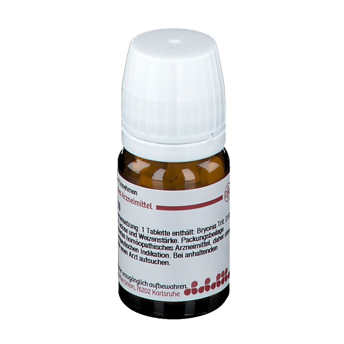 Braune Glasflasche mit weißem Deckel. Etikett mit Text. Deutsche Homöopathie-Union. Roter Streifen am Flaschenhals.