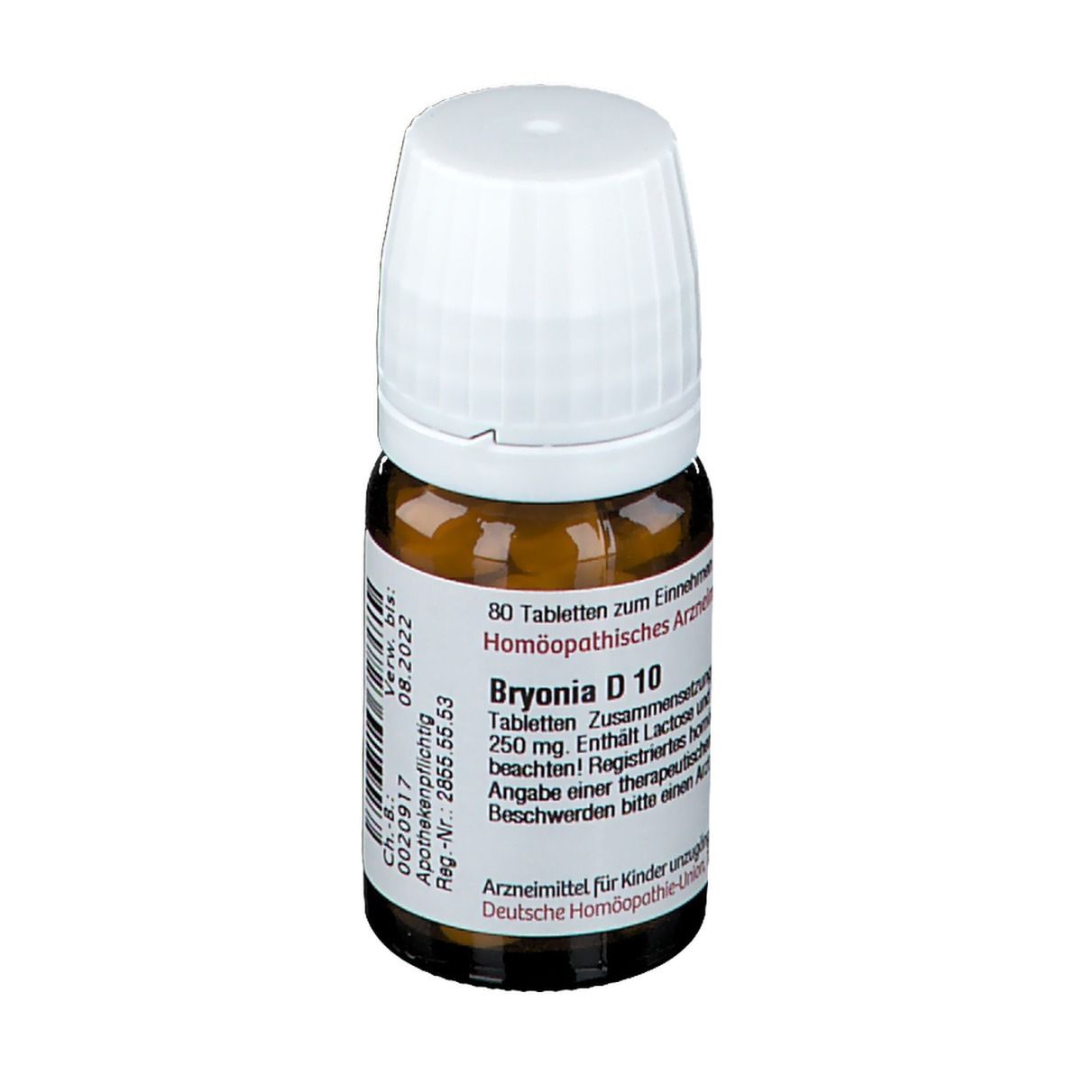 Braune Glasflasche mit weißem Deckel. Etikett mit Text: Bryonia D 10, 80 Tabletten. Verfallsdatum 08.2022.