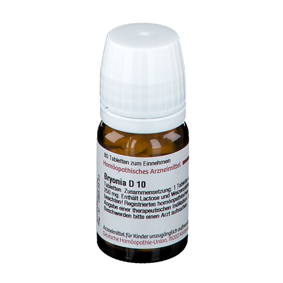 Braune Glasflasche mit weißem Deckel. Etikett mit Text: Bryonia D 10, 80 Tabletten. Deutsche Homöopathie-Union.