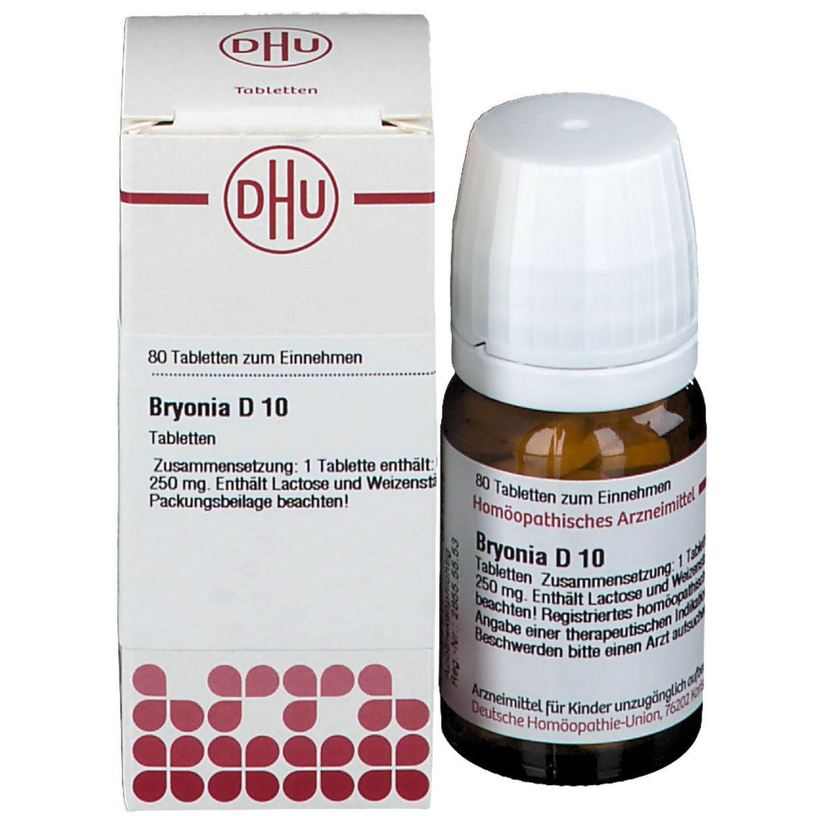 Braune Glasflasche mit weißem Deckel und Karton. Karton mit DHU-Logo und Text: Bryonia D 10, 80 Tabletten.
