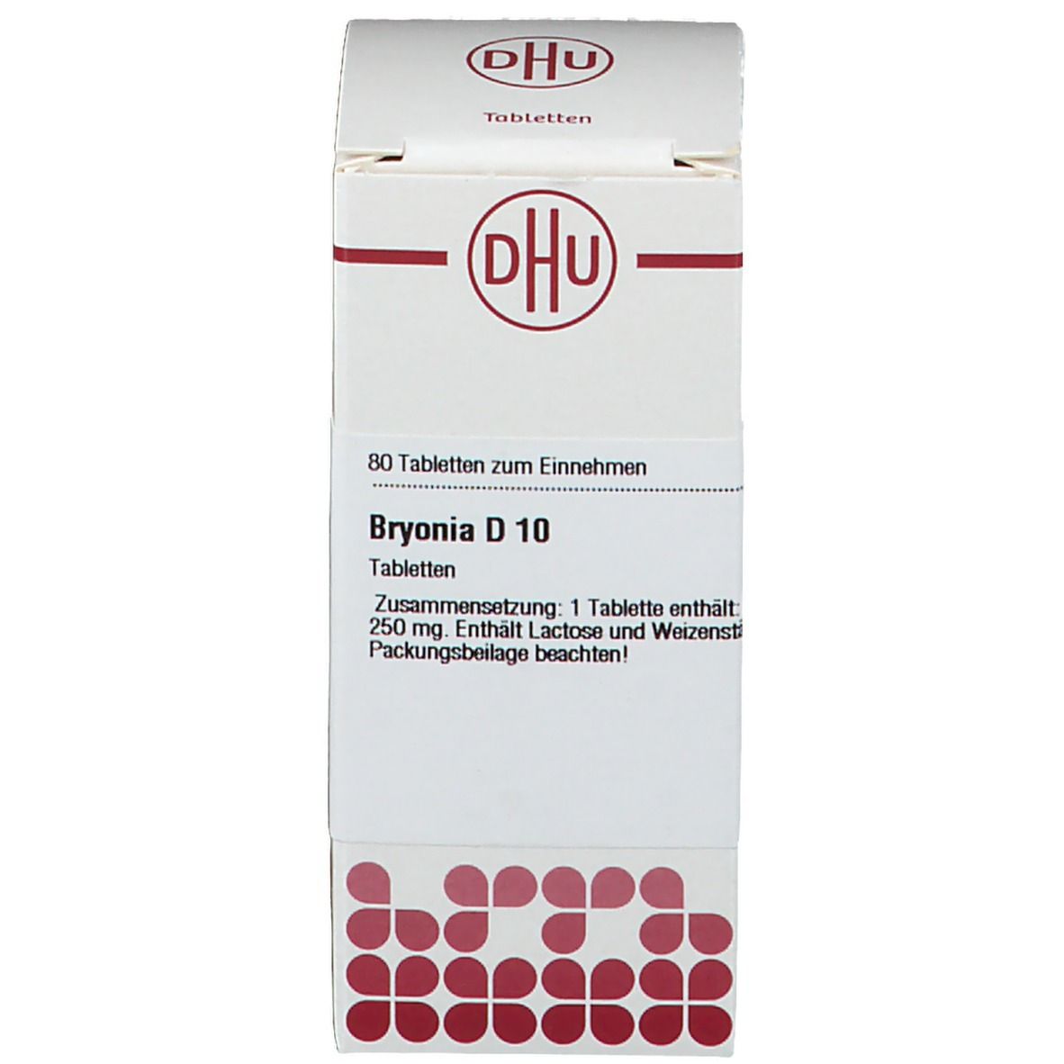 Karton mit DHU-Logo und Text: Bryonia D 10, 80 Tabletten. Rote Punkte auf weißem Hintergrund.