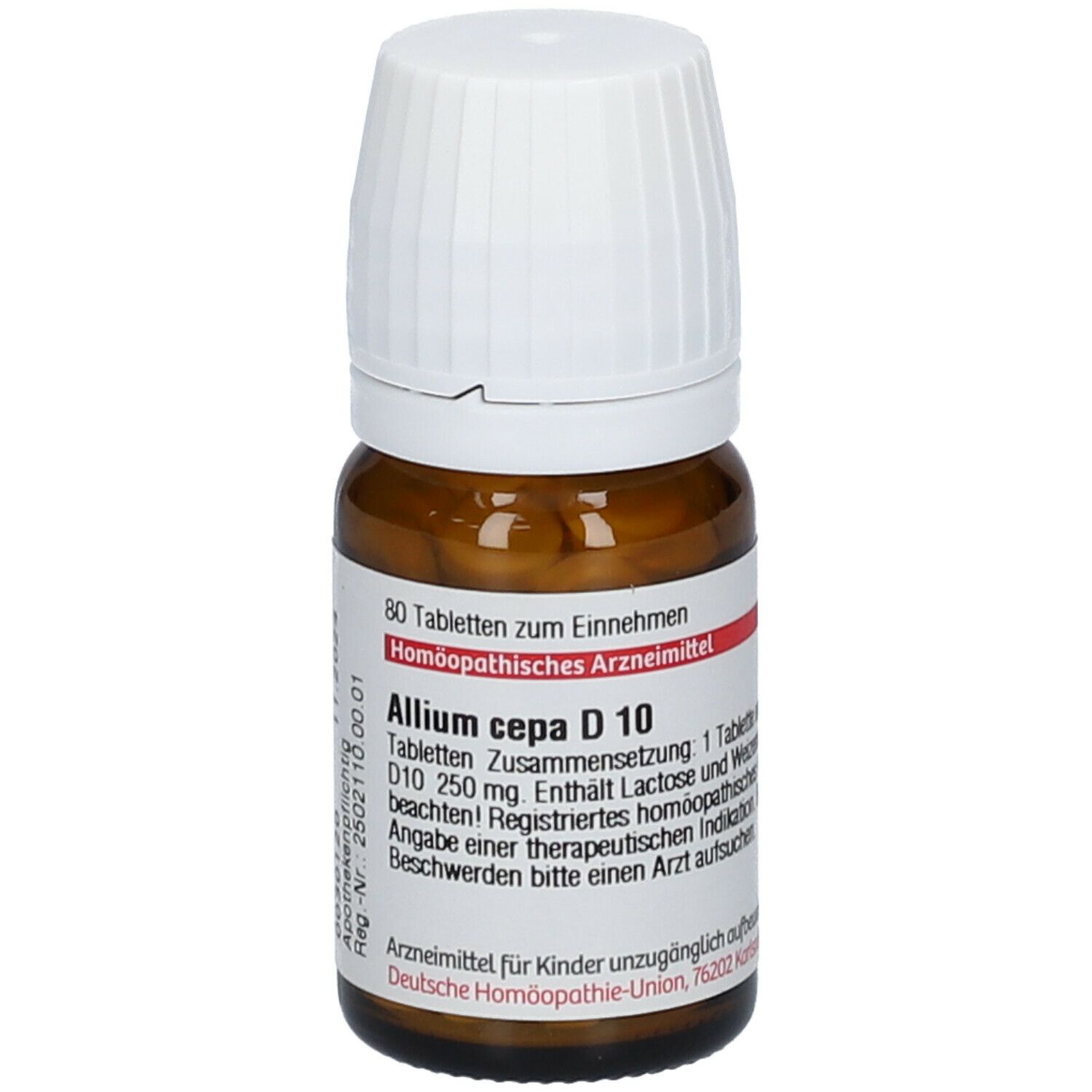 Braune Glasflasche mit weißen Tabletten und weißem Deckel. Etikett mit Produktinformationen: Allium cepa D 10.