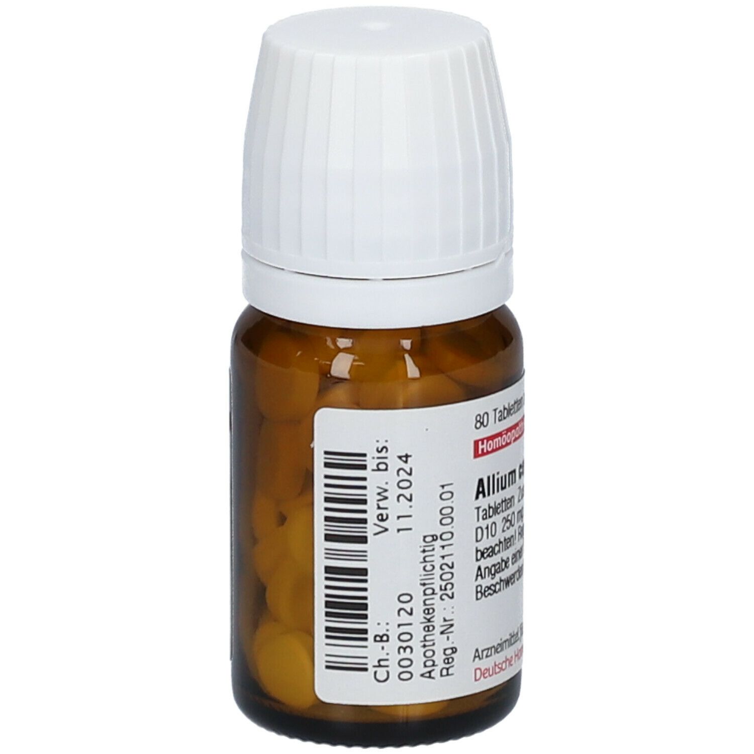 Braune Glasflasche mit weißen Tabletten und weißem Deckel. Aufkleber mit Barcode und Verfallsdatum: 11.2024.