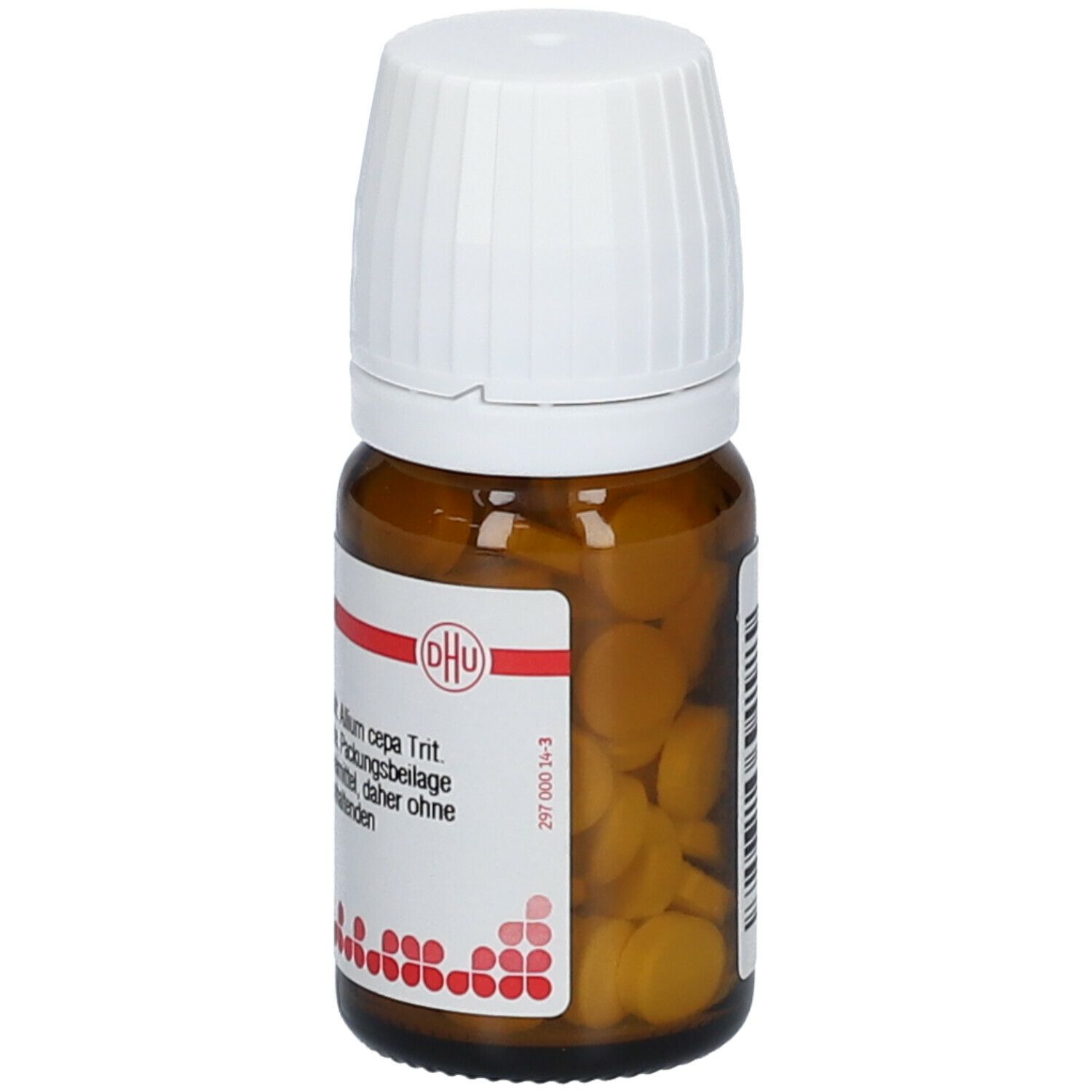 Braune Glasflasche mit Tabletten und weißem Deckel. Etikett mit Produktinformationen: DHU Allium cepa D10. Rote und weiße Markierungen.