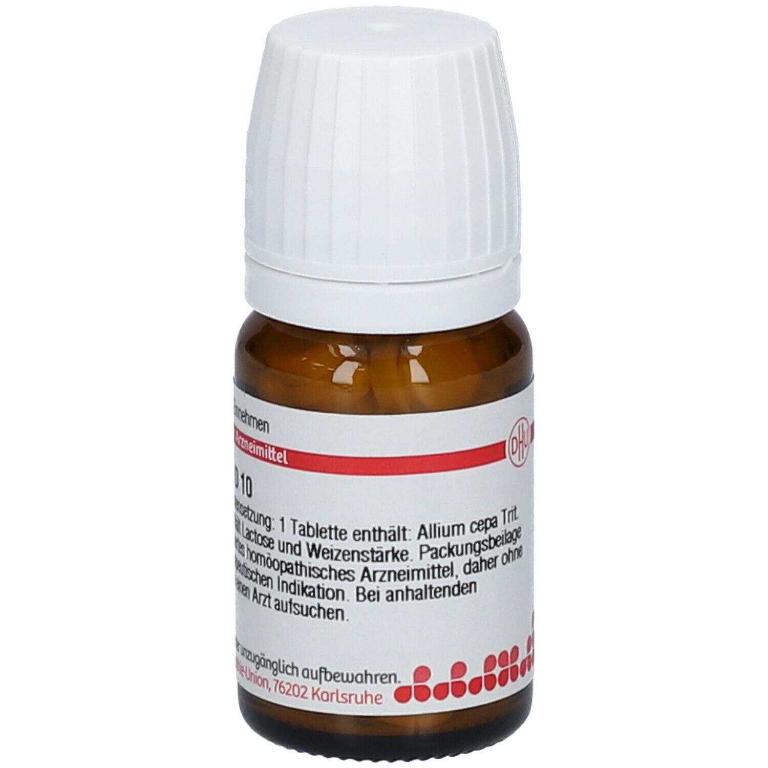Braune Glasflasche mit Tabletten und weißem Deckel. Etikett mit Produktinformationen: Allium cepa D 10. Rote und weiße Markierungen.