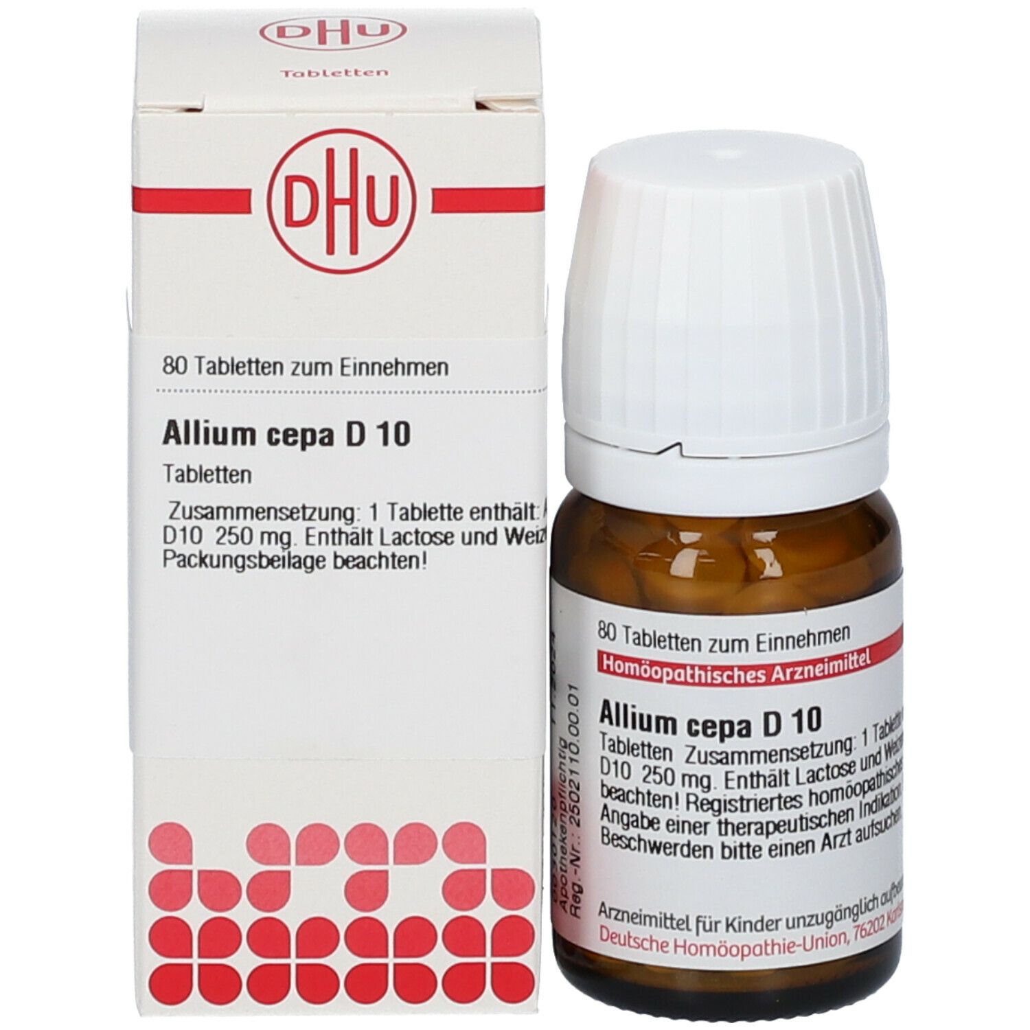 Produktverpackung mit Flasche und Karton. Auf der Flasche: Allium cepa D 10. Auf dem Karton: DHU Logo und Produktinformationen.