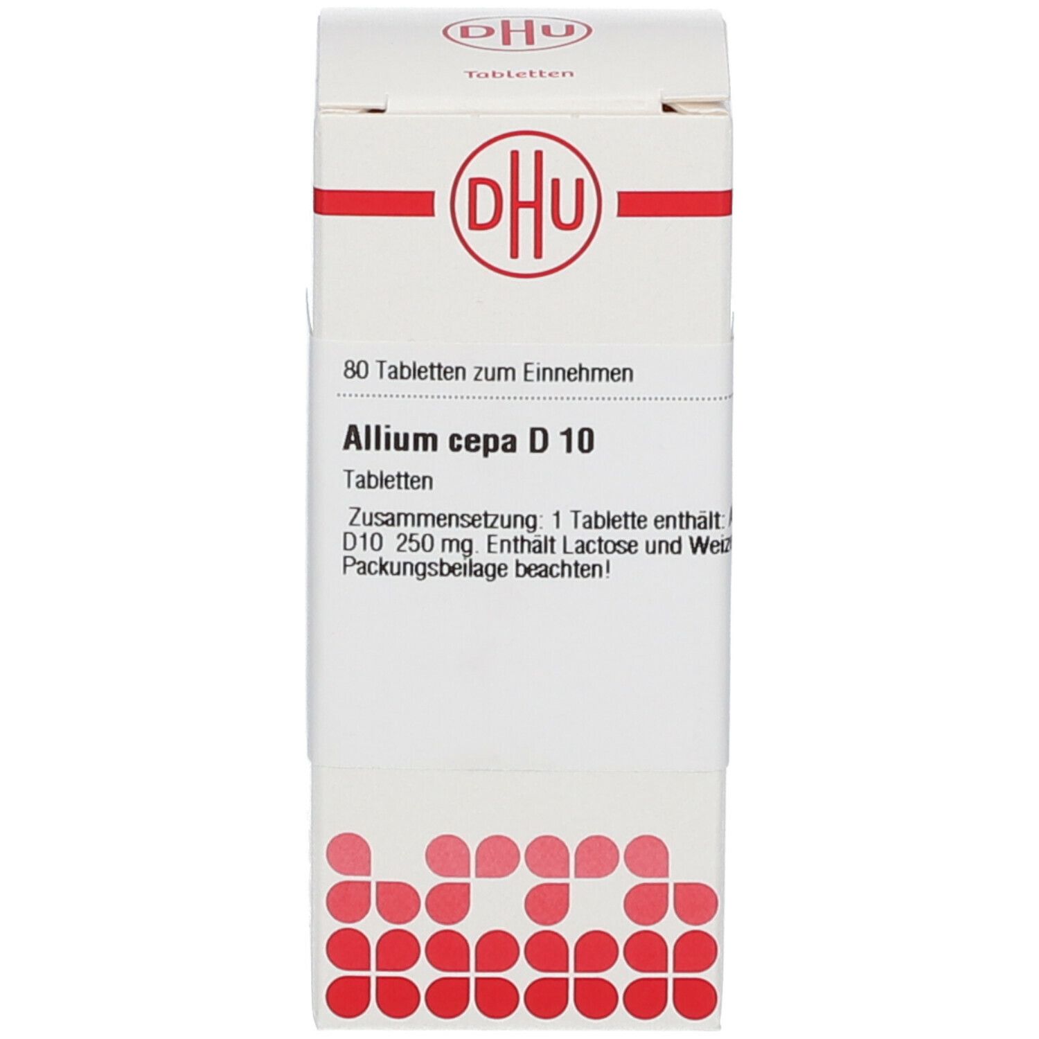 Weiße Produktverpackung mit DHU Logo. Aufschrift: Allium cepa D 10. Enthält Informationen zum Produkt und rote Markierungen.