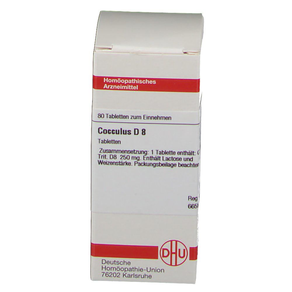 Weiße Faltschachtel mit roter Umrandung. Beschriftung: DHU Cocculus D 8, 80 Tabletten. Text in Deutsch.