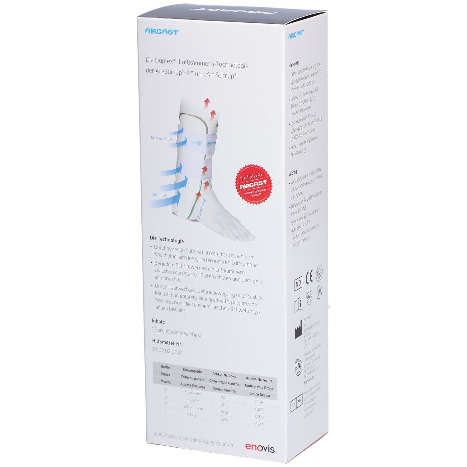 Rückseite der AIRCAST Air-Stirrup Verpackung. Produktabbildung, Text: Duplex Luftkammer Technologie, Größenangaben, enovis.