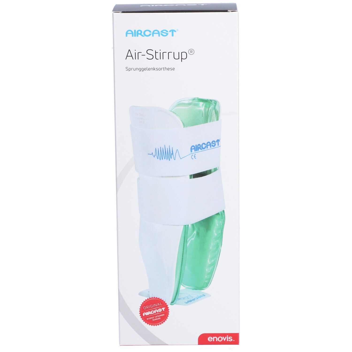 Vorderansicht der AIRCAST Air-Stirrup Verpackung. Produktabbildung, weißes Band, grünes Kissen. Text: Air-Stirrup, Sprunggelenkorthese.
