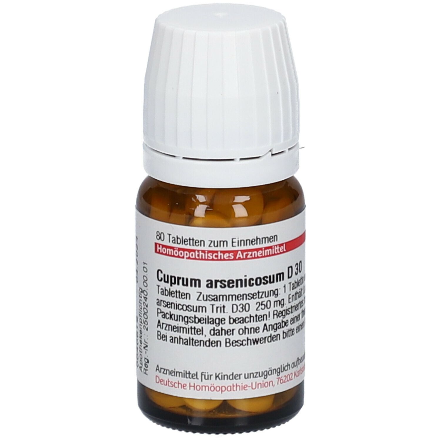 Braune Glasflasche mit weißen Deckel. Etikett mit Produktinformationen: Cuprum arsenicosum D30. 80 Tabletten.