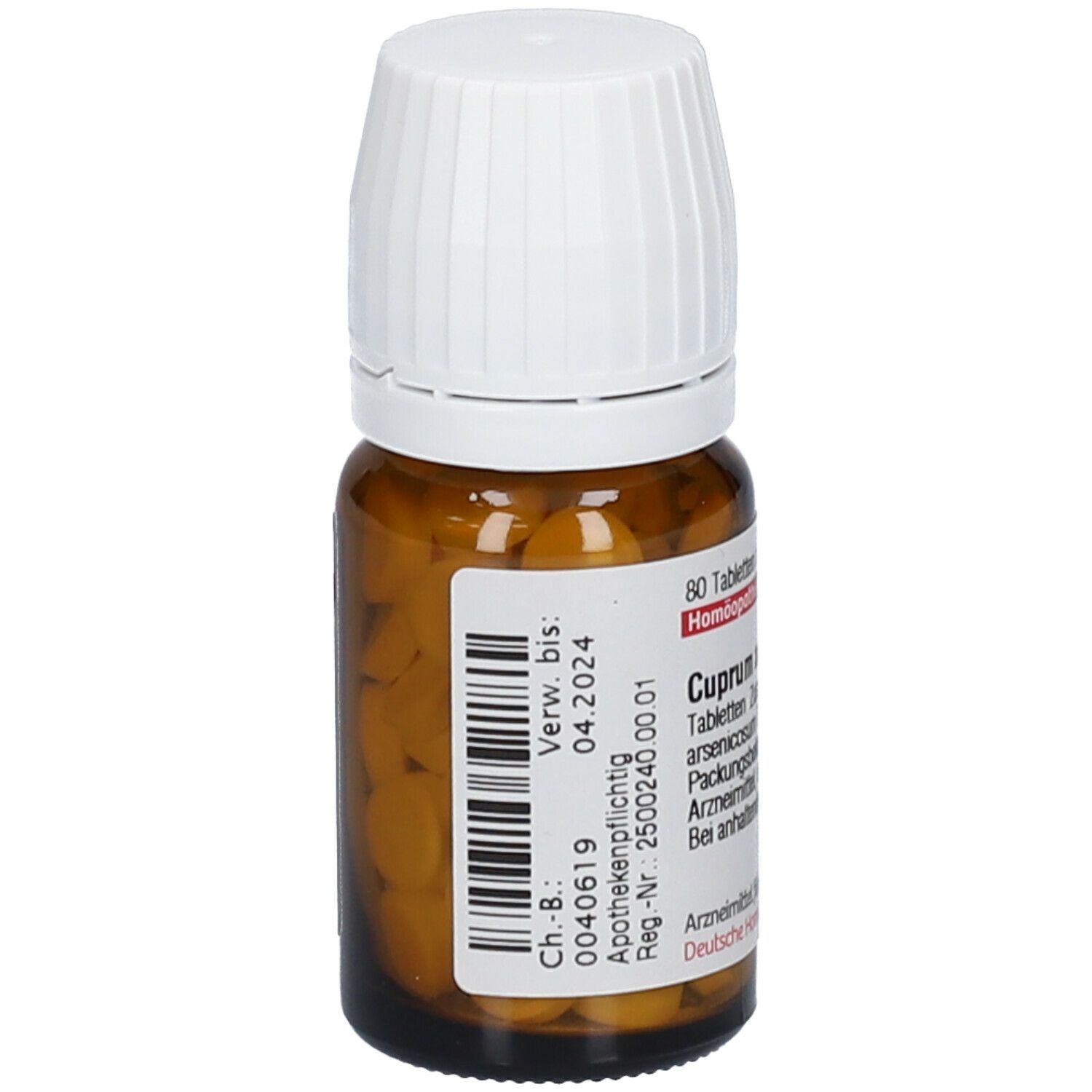 Braune Glasflasche mit weißem Deckel. Etikett mit Produktinformationen und Barcode. Verfallsdatum: 04.2024.