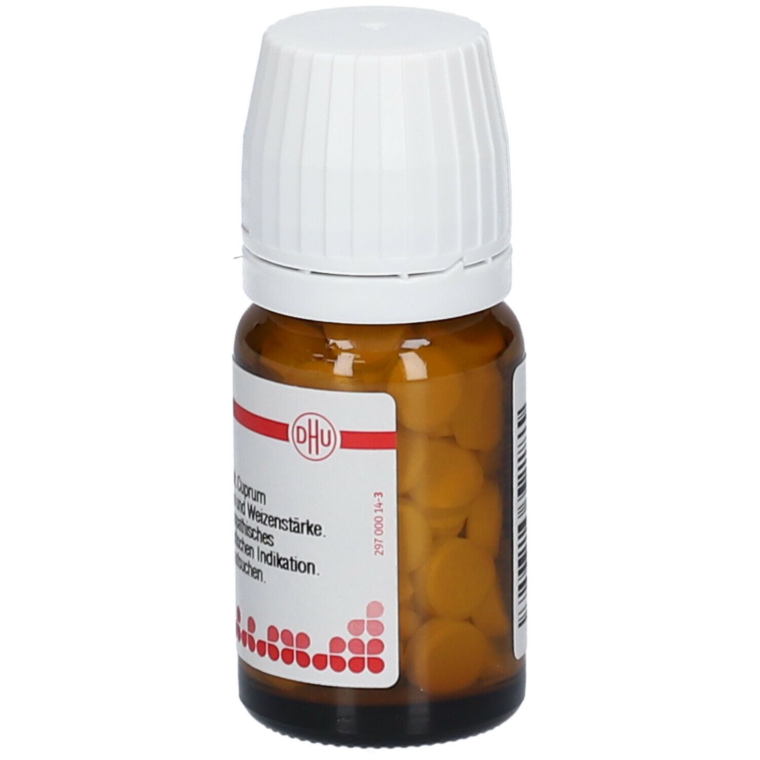 Braune Glasflasche mit weißem Deckel. Etikett mit Produktinformationen und DHU-Logo. Tabletten sichtbar.