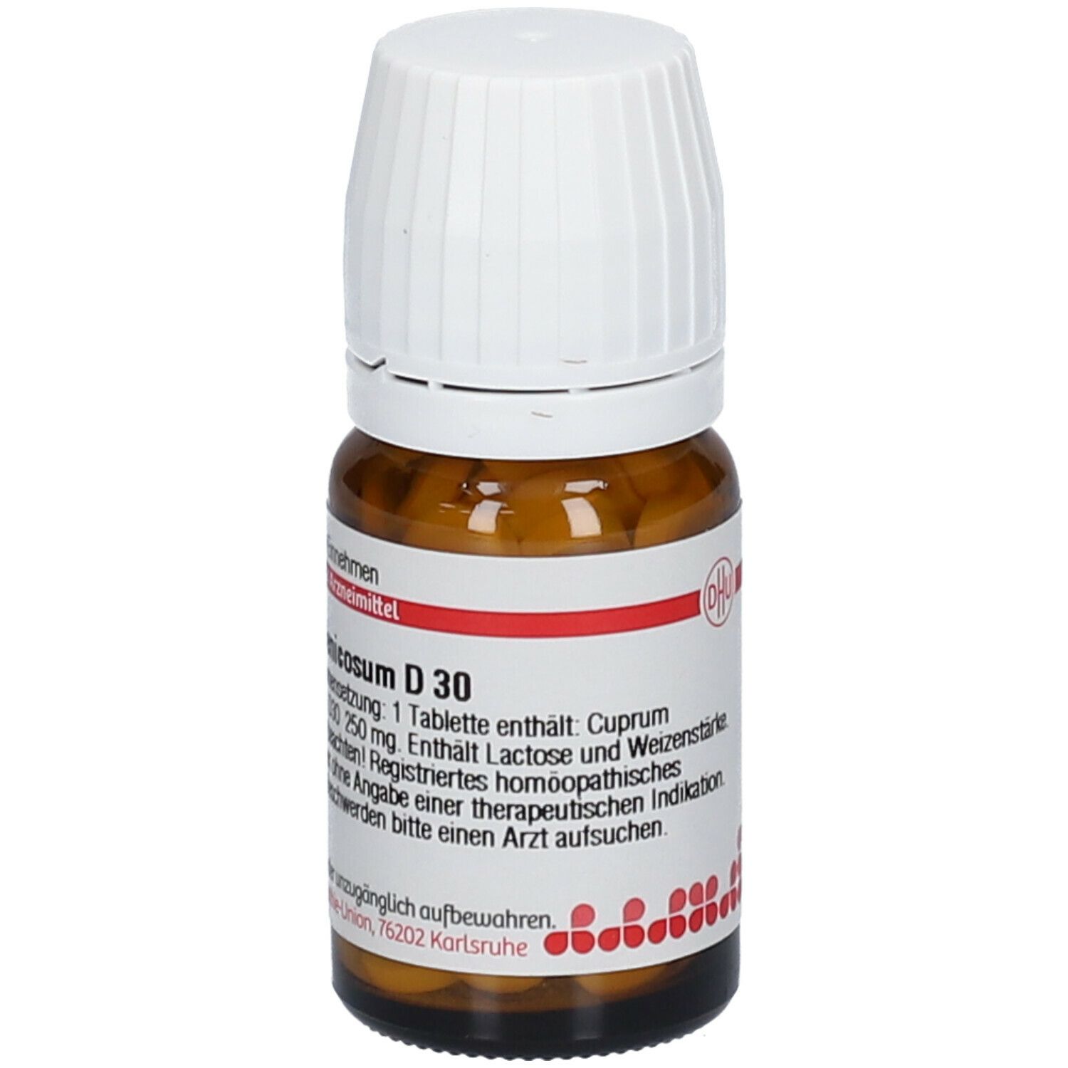 Braune Glasflasche mit weißem Deckel. Etikett mit Produktinformationen: Cuprum arsenicosum D30. Tabletten sichtbar.