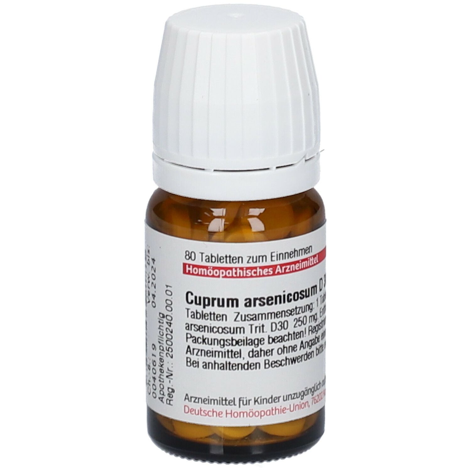 Braune Glasflasche mit weißem Deckel. Etikett mit Produktinformationen: Cuprum arsenicosum D30. 80 Tabletten.