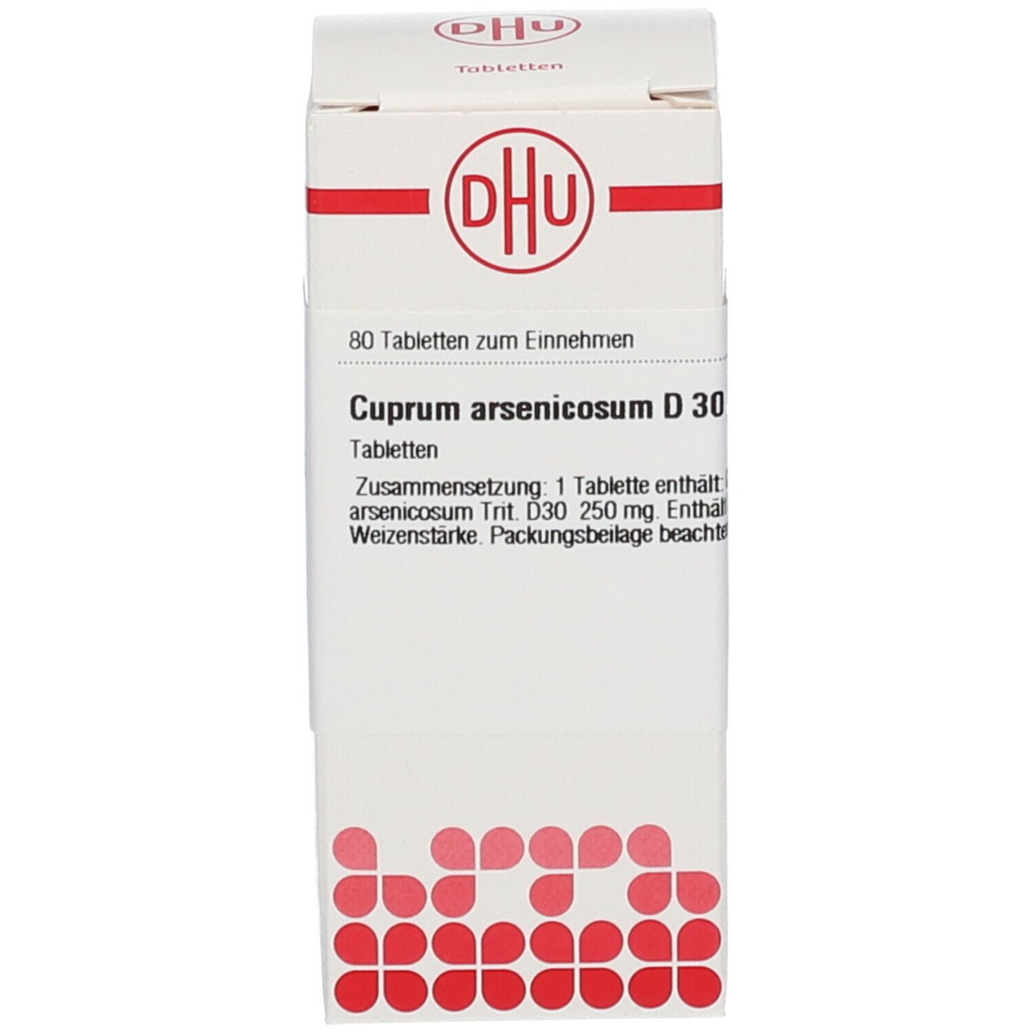 Weiße Produktverpackung mit DHU-Logo und Produktinformationen: Cuprum arsenicosum D30. 80 Tabletten.