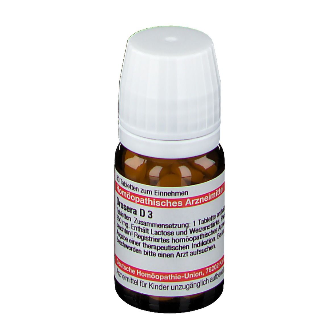 Braune Glasflasche mit weißen Deckel. Etikett mit Text: Drosera D3, Homöopathisches Arzneimittel. Tabletten.