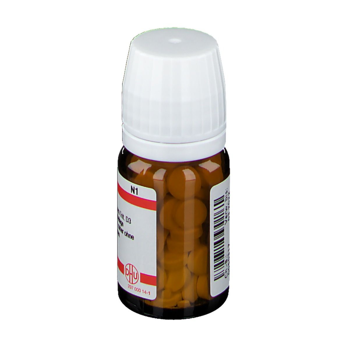 Braune Glasflasche mit weißem Deckel. Etikett mit Text und Barcode. Enthält Tabletten. DHU Logo.