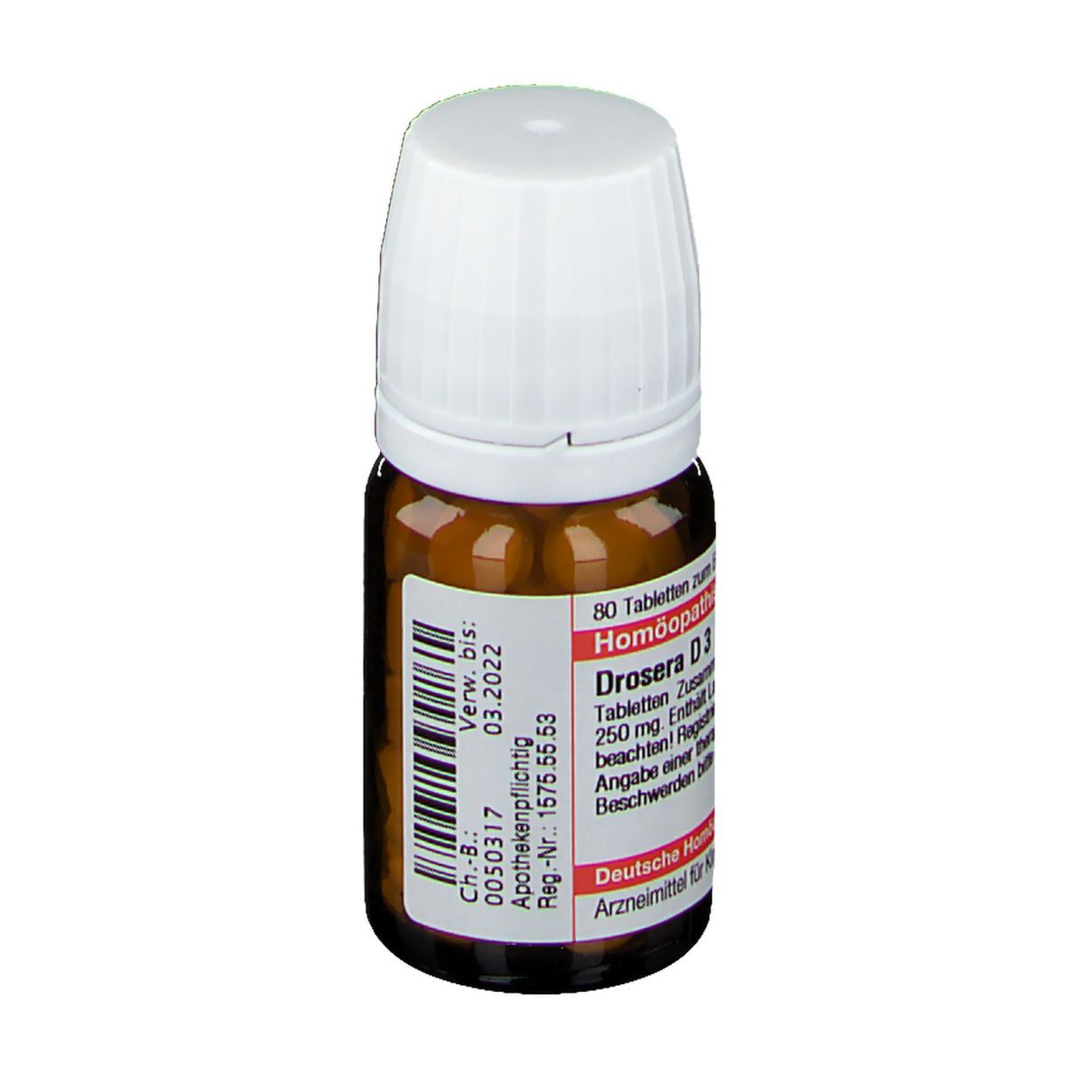 Braune Glasflasche mit weißem Deckel. Etikett mit Text: Drosera D3, Homöopathisches Arzneimittel. Verfallsdatum 03.2022.