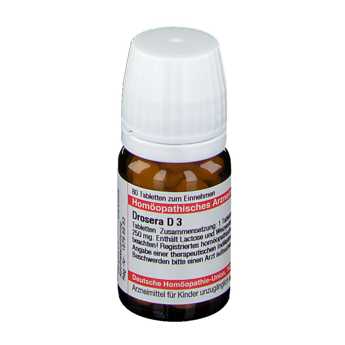 Braune Glasflasche mit weißem Deckel. Etikett mit Text: Drosera D3, Homöopathisches Arzneimittel. 80 Tabletten.