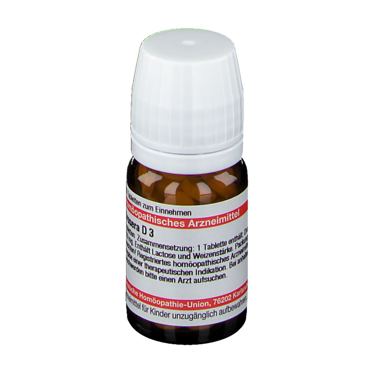 Braune Glasflasche mit weißem Deckel. Etikett mit Text: Drosera D3, Homöopathisches Arzneimittel. Tabletten.