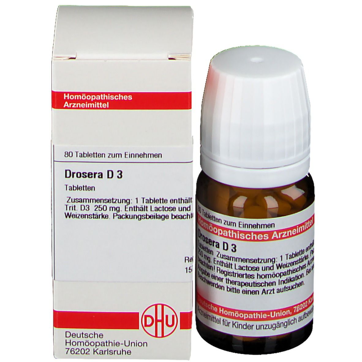 Braune Glasflasche mit weißem Deckel und Karton. Auf dem Karton steht: Drosera D3, Homöopathisches Arzneimittel. DHU Logo.