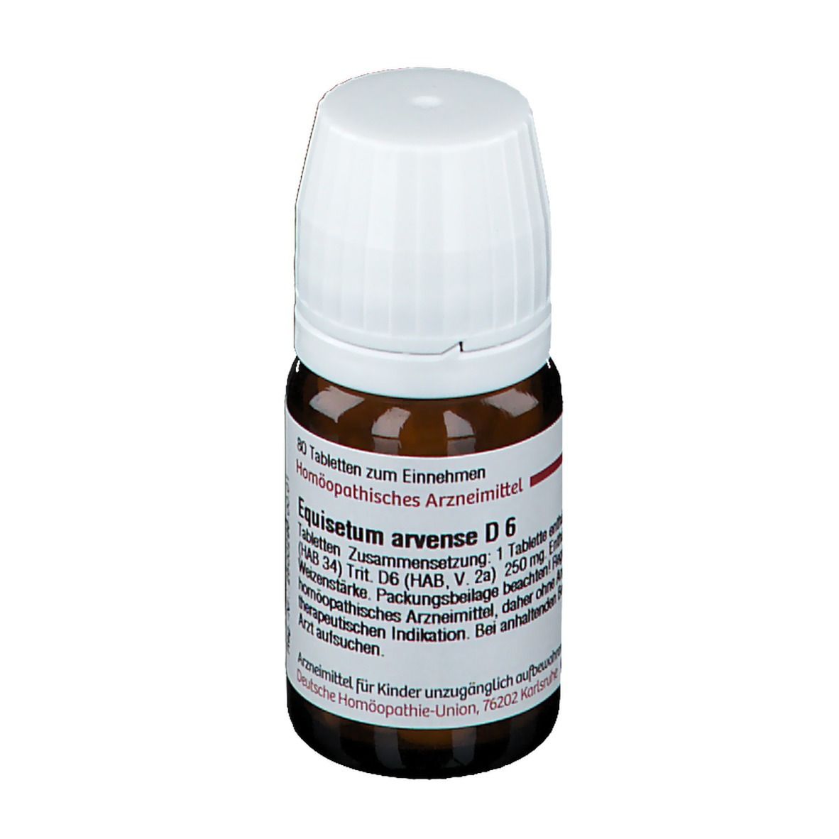 Braune Glasflasche mit weißem Deckel. Etikett mit Produktinformationen: Equisetum arvense D6, 80 Tabletten.