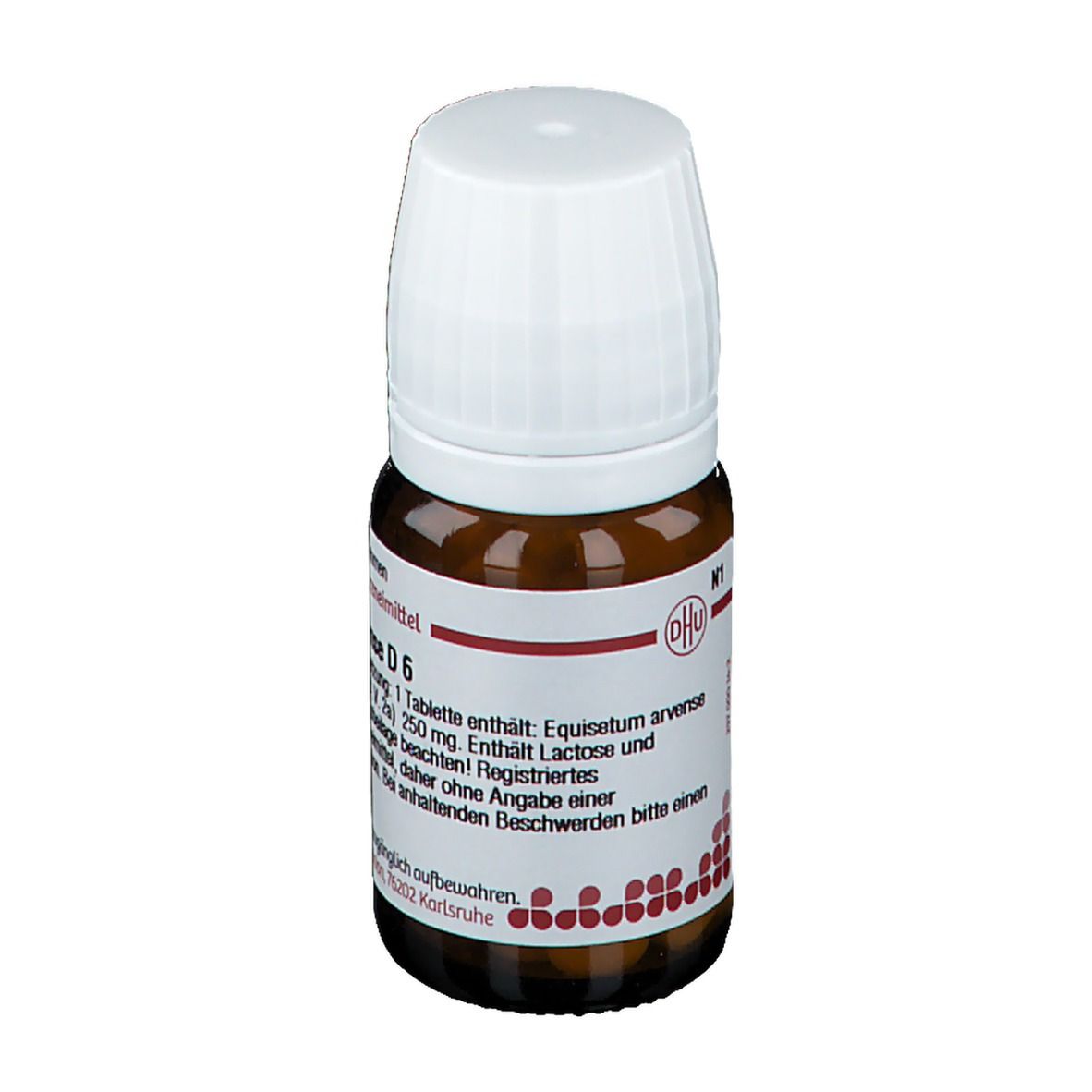 Braune Glasflasche mit weißem Deckel. Etikett mit Produktinformationen: Equisetum arvense D6. DHU Logo.