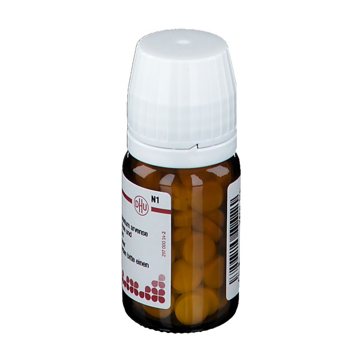 Braune Glasflasche mit weißem Deckel. Tabletten sichtbar. Etikett mit Produktinformationen. DHU Logo.