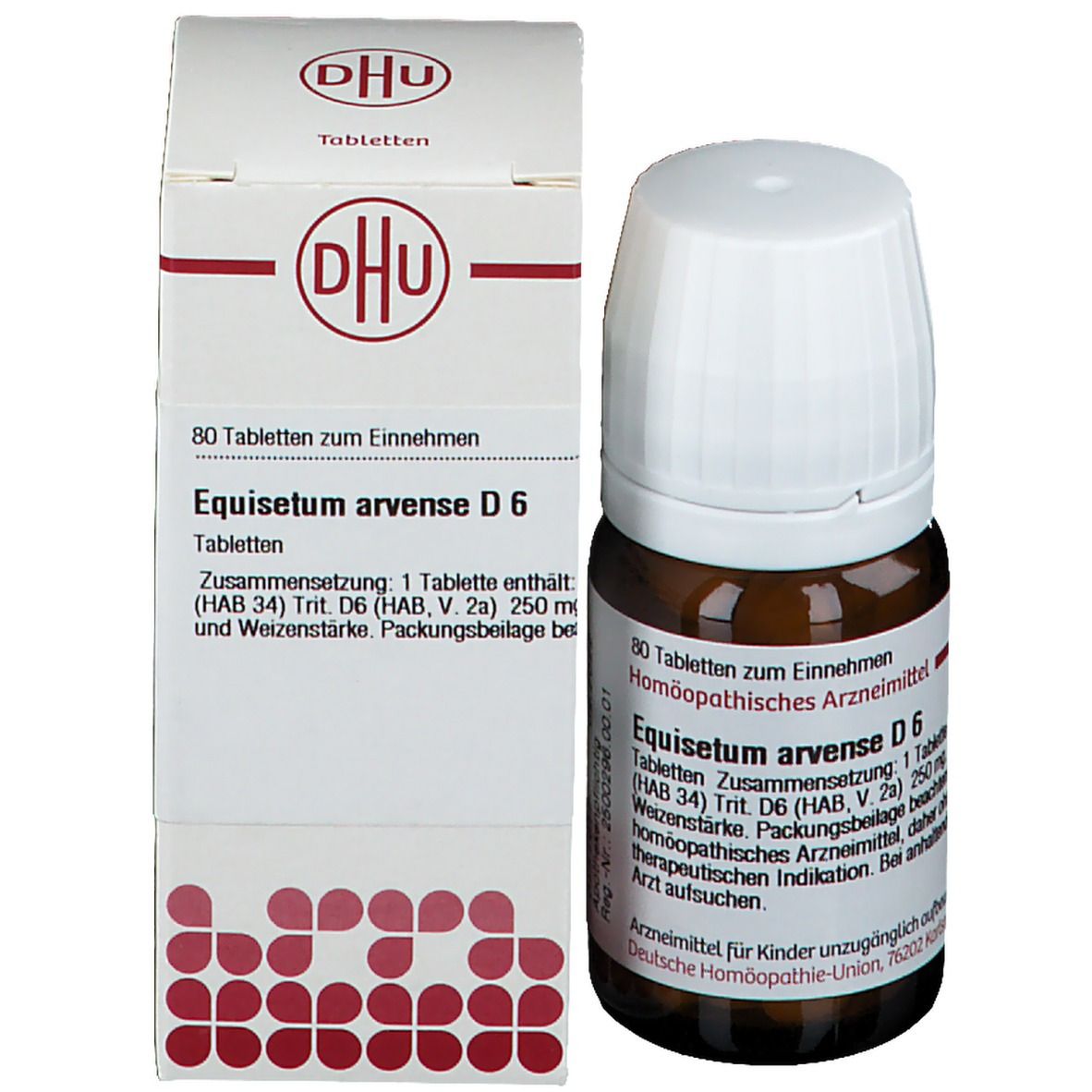 Produktflasche und Schachtel. Schachtel mit DHU Logo und Produktinformationen: Equisetum arvense D6, 80 Tabletten.