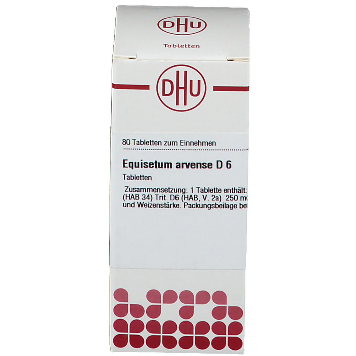 Produktverpackung. Schachtel mit DHU Logo und Produktinformationen: Equisetum arvense D6, 80 Tabletten.