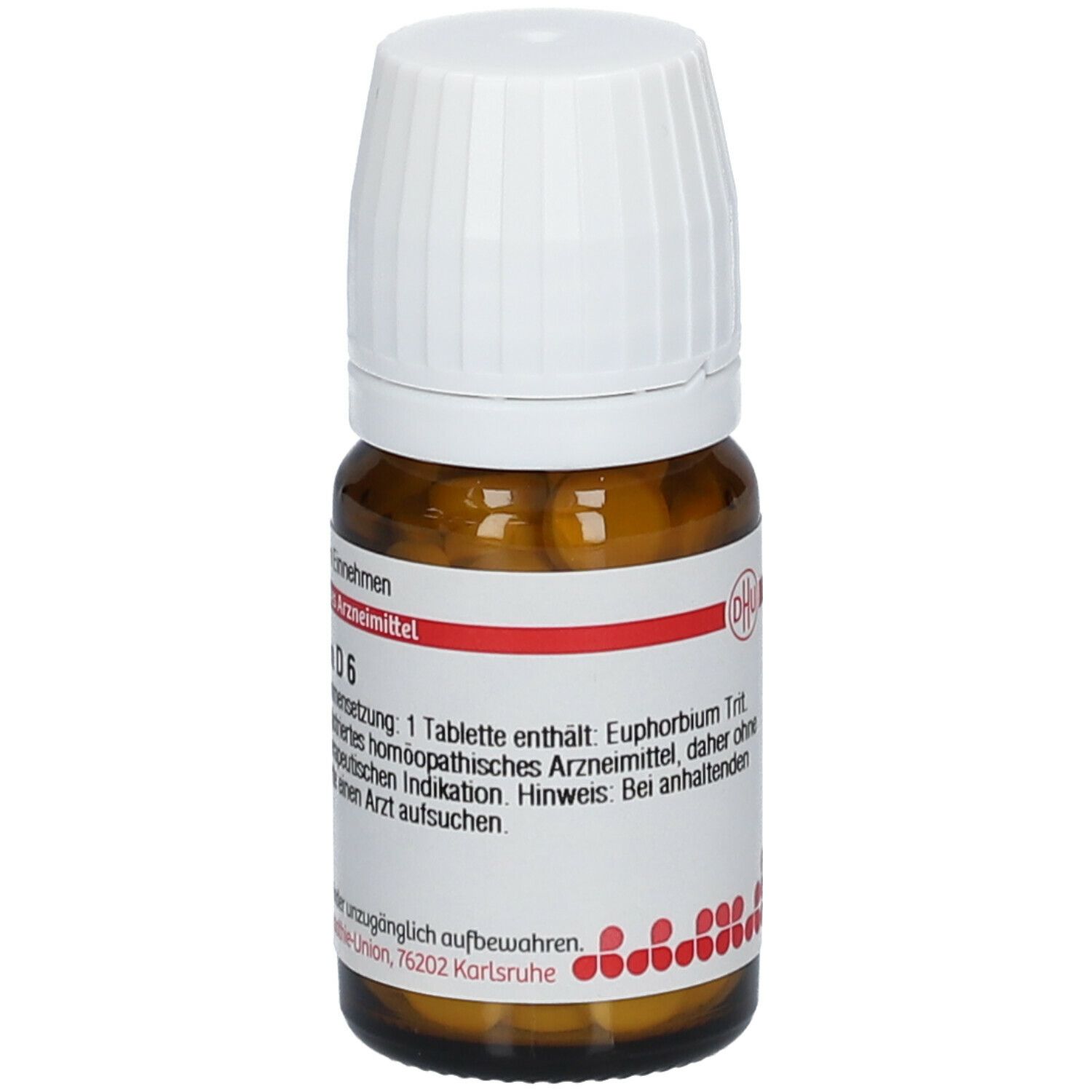 Braune Glasflasche mit weißem Deckel. Etikett mit Produktinformationen: Euphorbium D6, 80 Tabletten. Homöopathisches Arzneimittel.
