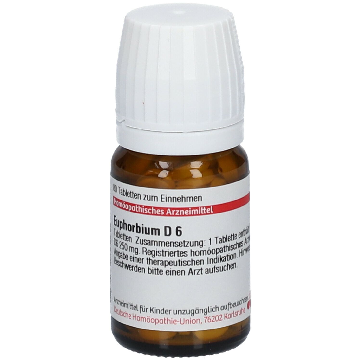 Braune Glasflasche mit weißem Deckel. Etikett mit Produktinformationen: Euphorbium D6, 80 Tabletten. Homöopathisches Arzneimittel.