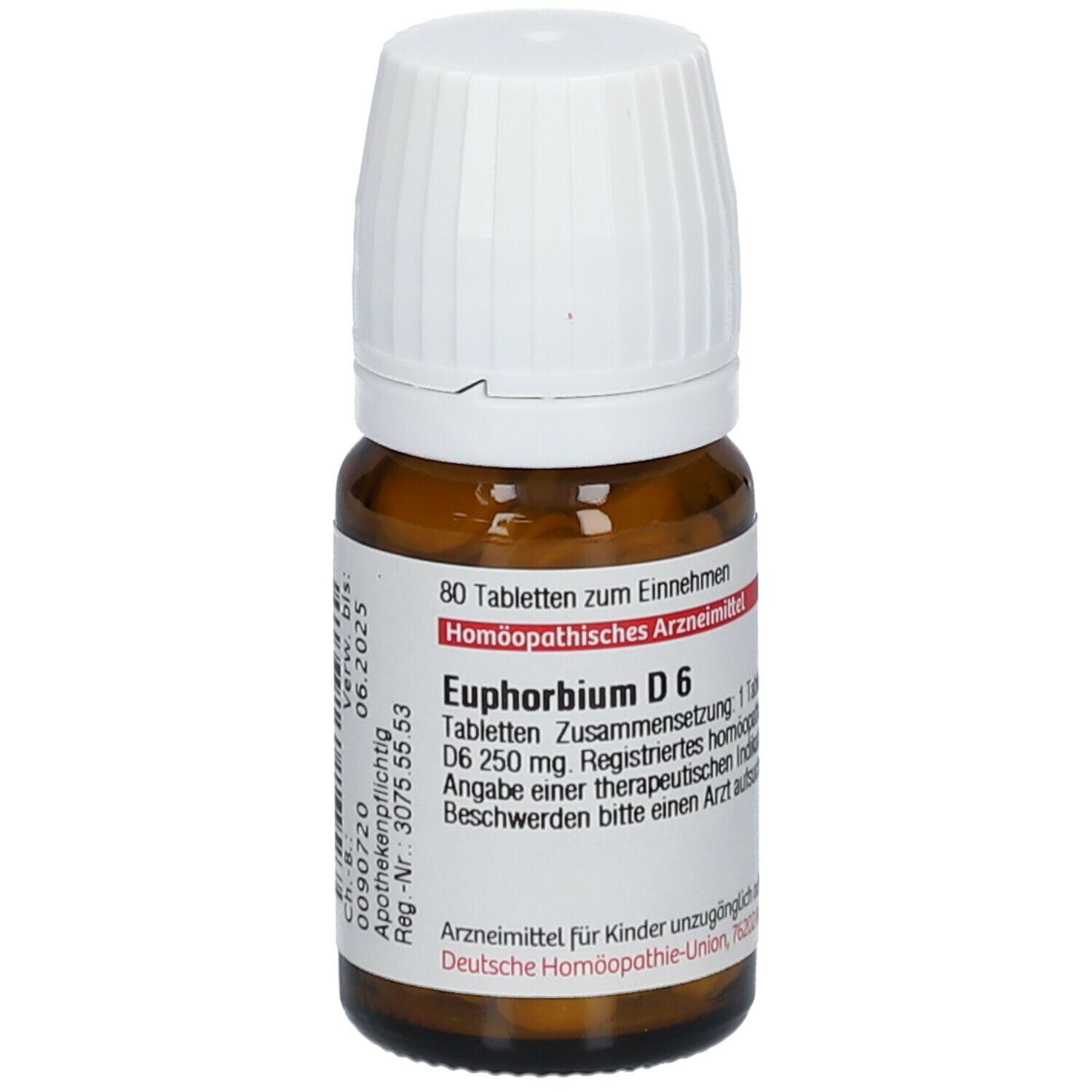 Braune Glasflasche mit weißem Deckel. Etikett mit Produktinformationen: Euphorbium D6, 80 Tabletten. Homöopathisches Arzneimittel.