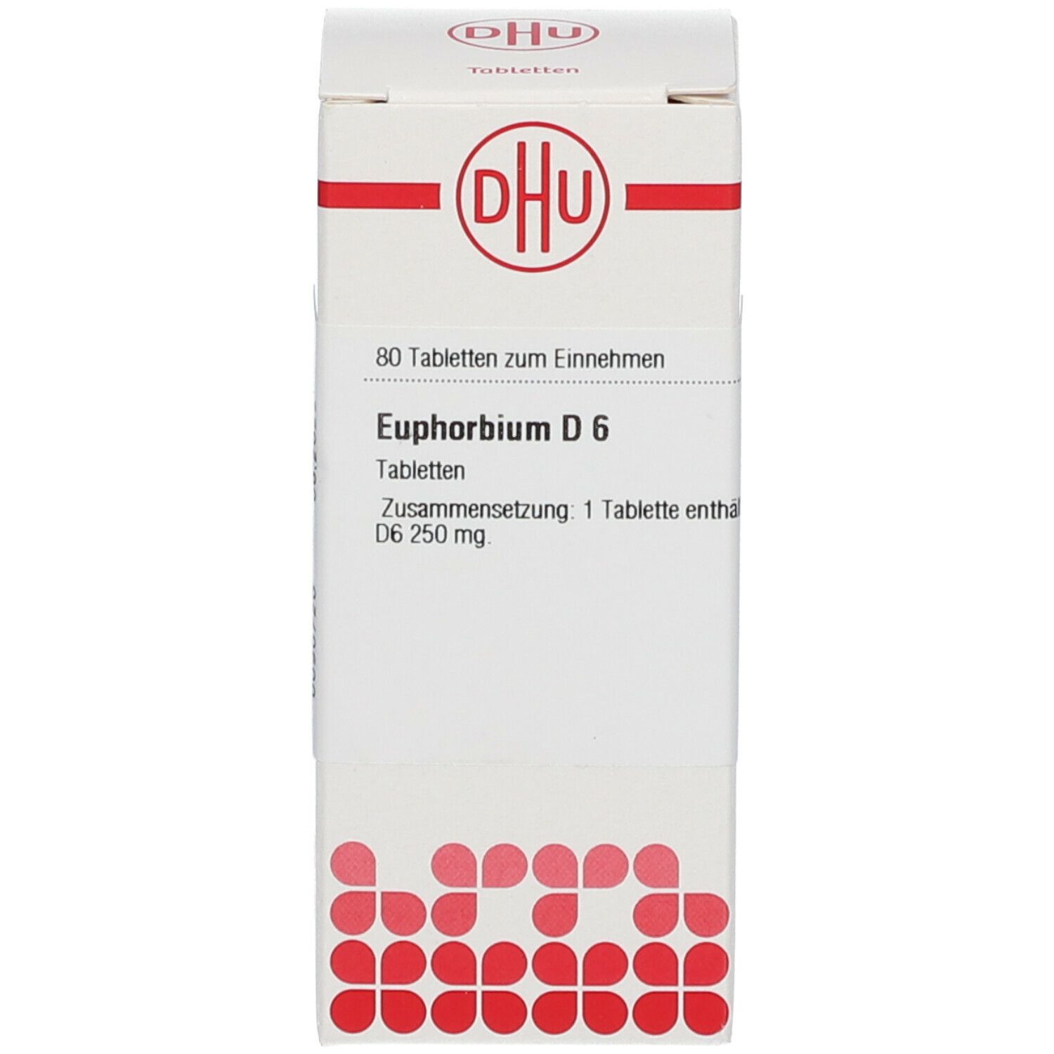 Weiße Schachtel mit Aufschrift: Euphorbium D6, 80 Tabletten. Homöopathisches Arzneimittel. DHU Logo.
