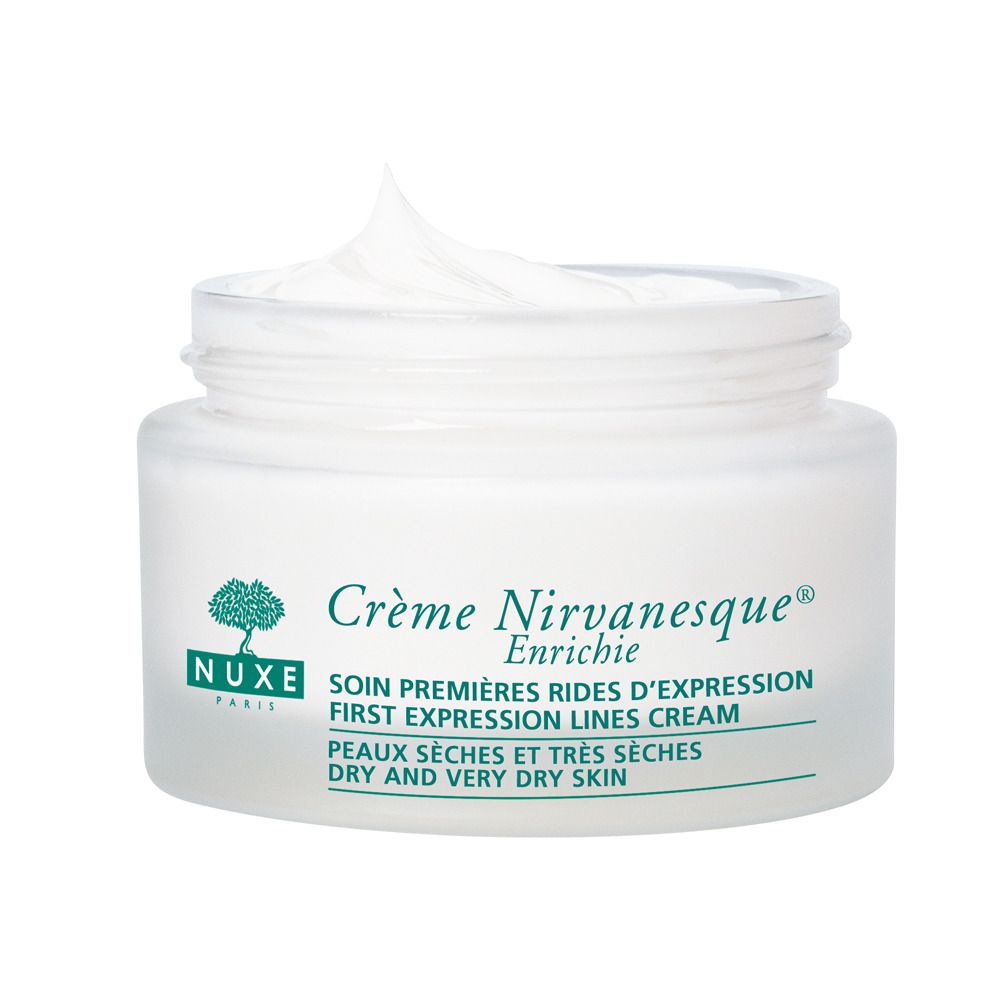 Creme in einem Glas. Aufschrift: Crème Nirvanesque Enrichie, Nuxe Paris. Für trockene Haut.