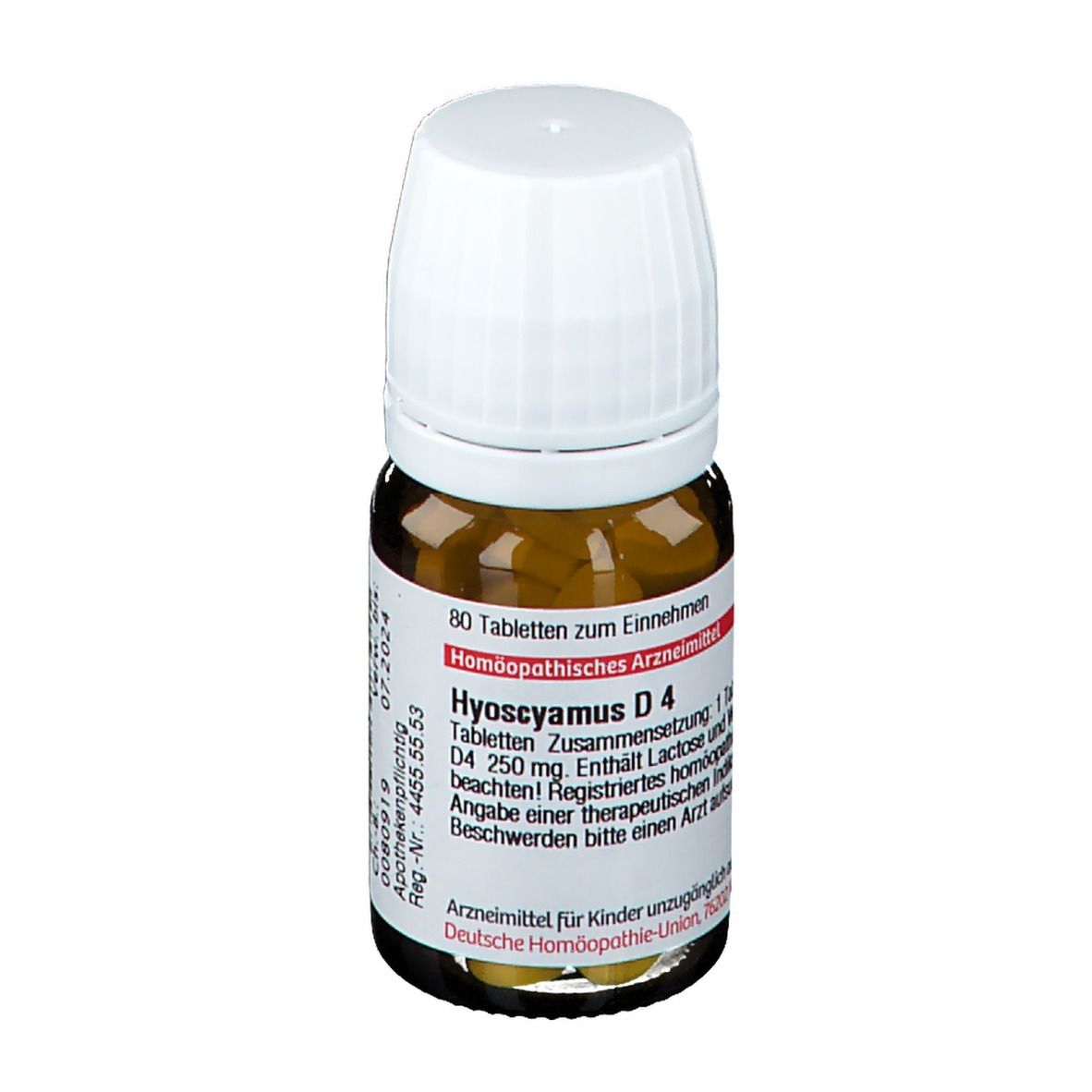 Braune Glasflasche mit weißen Deckel. Enthält Tabletten. Beschriftung: Hyoscyamus D4, 80 Tabletten. Deutsche Homöopathie-Union.