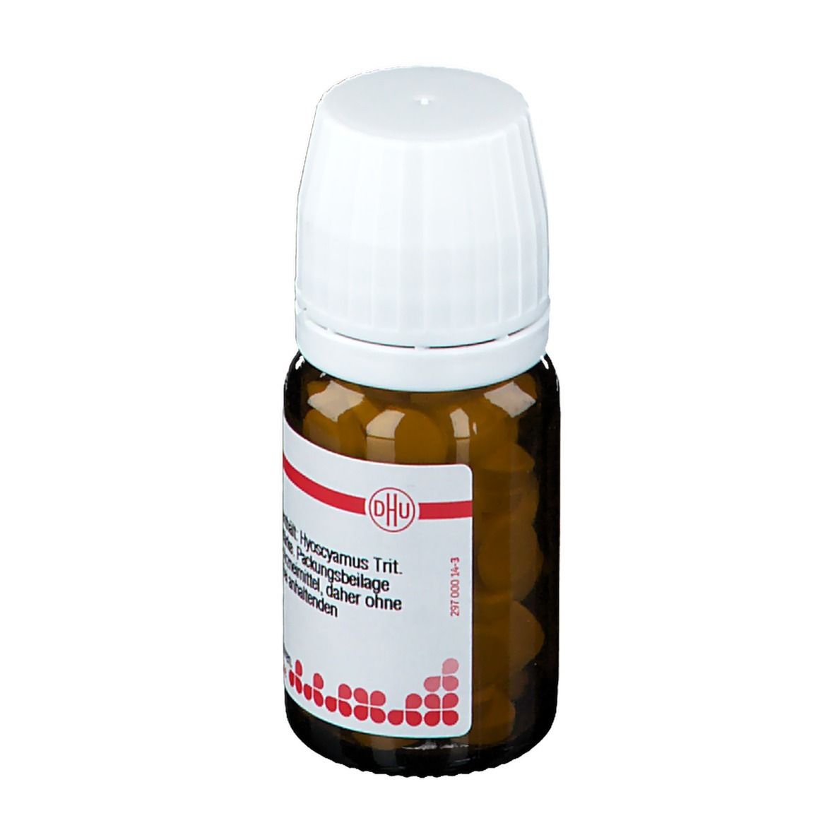 Braune Glasflasche mit weißem Deckel. Enthält Tabletten. Beschriftung: Hyoscyamus Trit. Deutsche Homöopathie-Union.