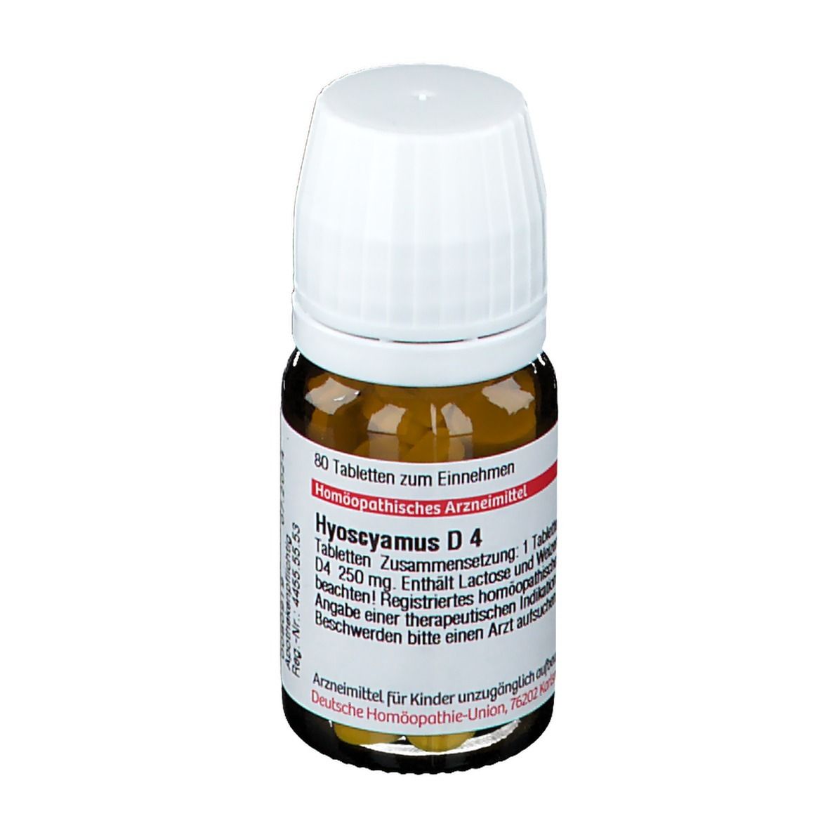 Braune Glasflasche mit weißem Deckel. Enthält Tabletten. Beschriftung: Hyoscyamus D4, 80 Tabletten. Deutsche Homöopathie-Union.