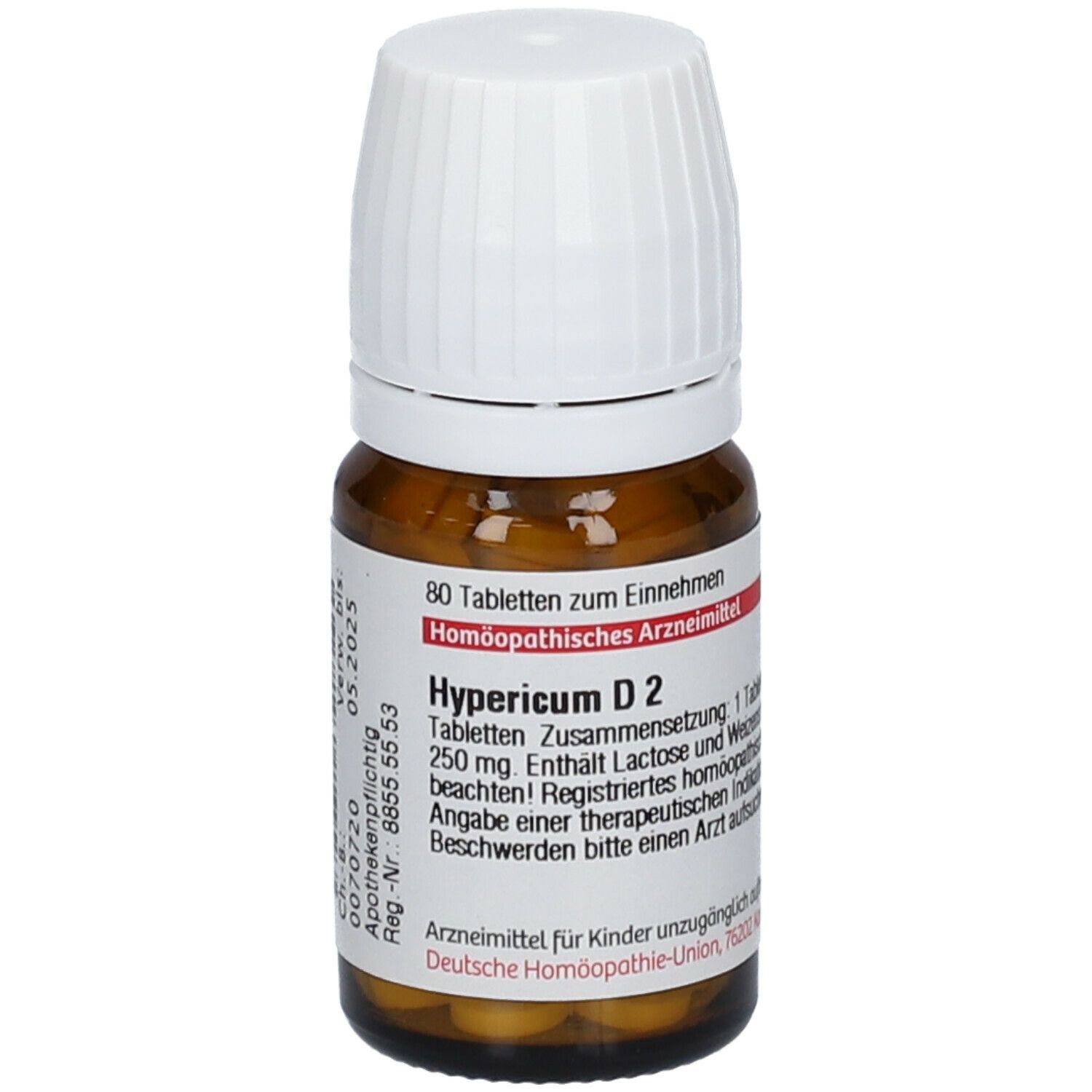 Braune Glasflasche mit weißem Deckel. Etikett mit Produktinformationen: Hypericum D2, 80 Tabletten. Apothekenpflichtig.