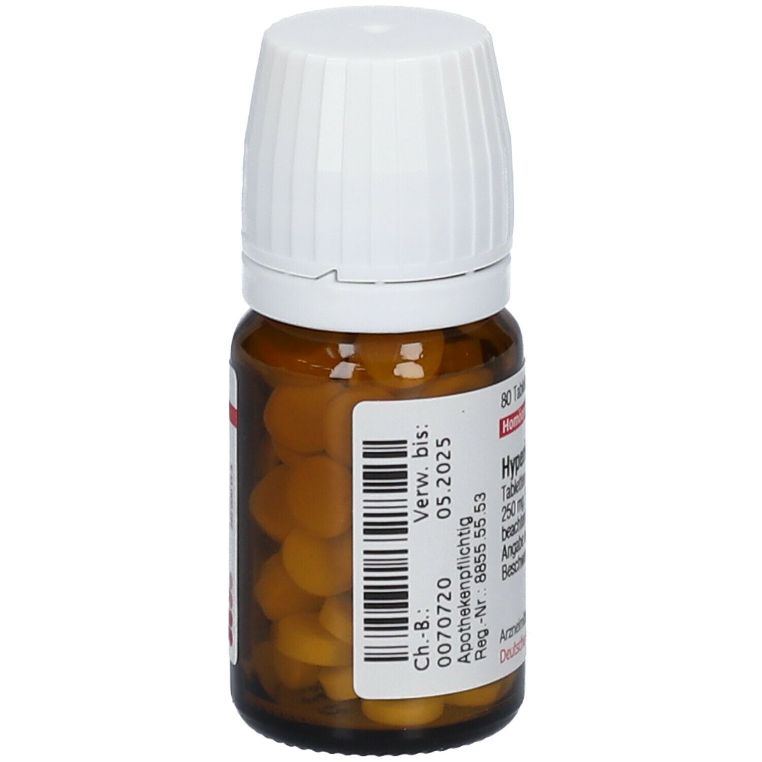 Braune Glasflasche mit weißem Deckel. Tabletten sichtbar. Etikett mit Produktinformationen und Barcode. Verwendbar bis 05.2025.