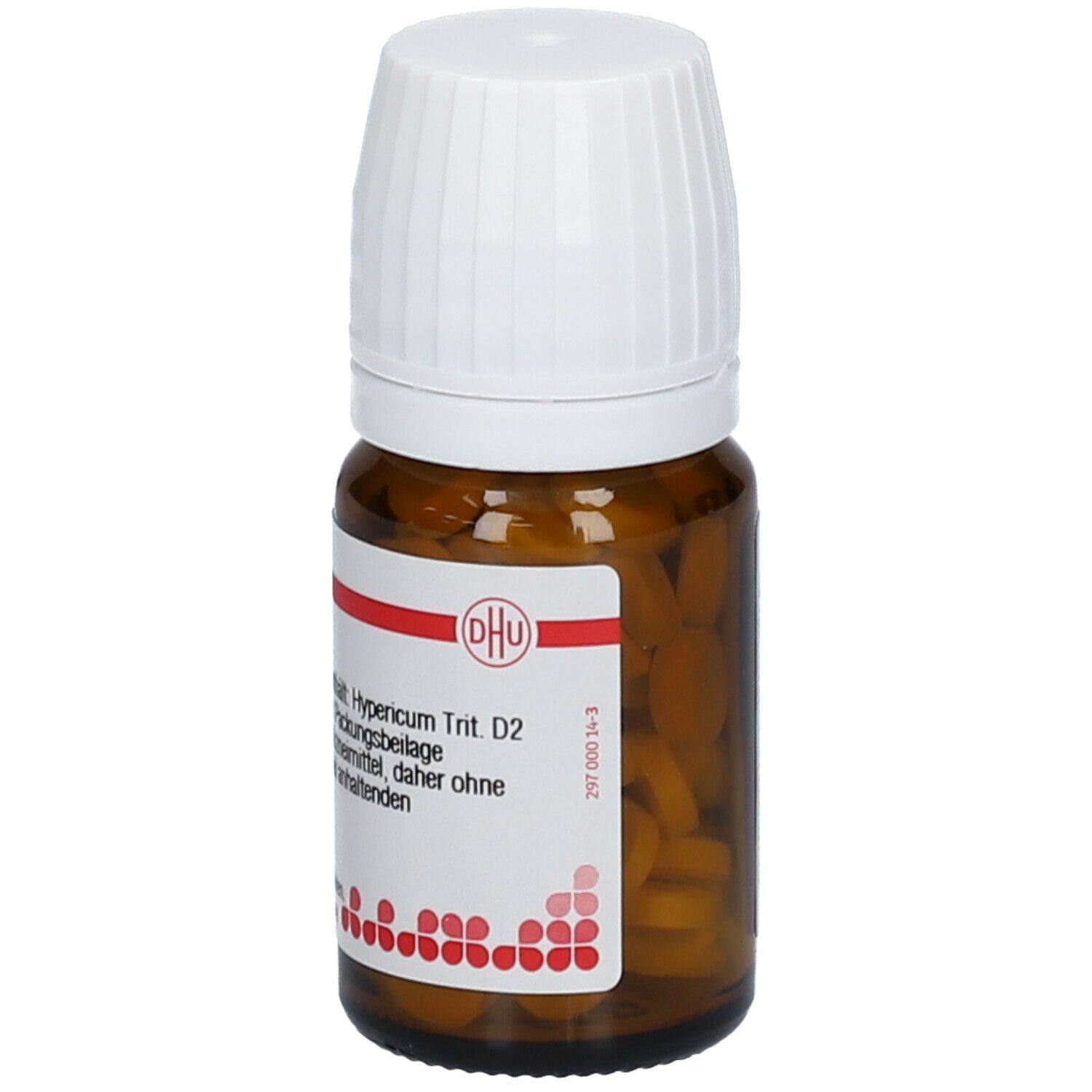 Braune Glasflasche mit weißem Deckel. Etikett mit Produktinformationen: DHU Hypericum Trit. D2. Tabletten sichtbar.
