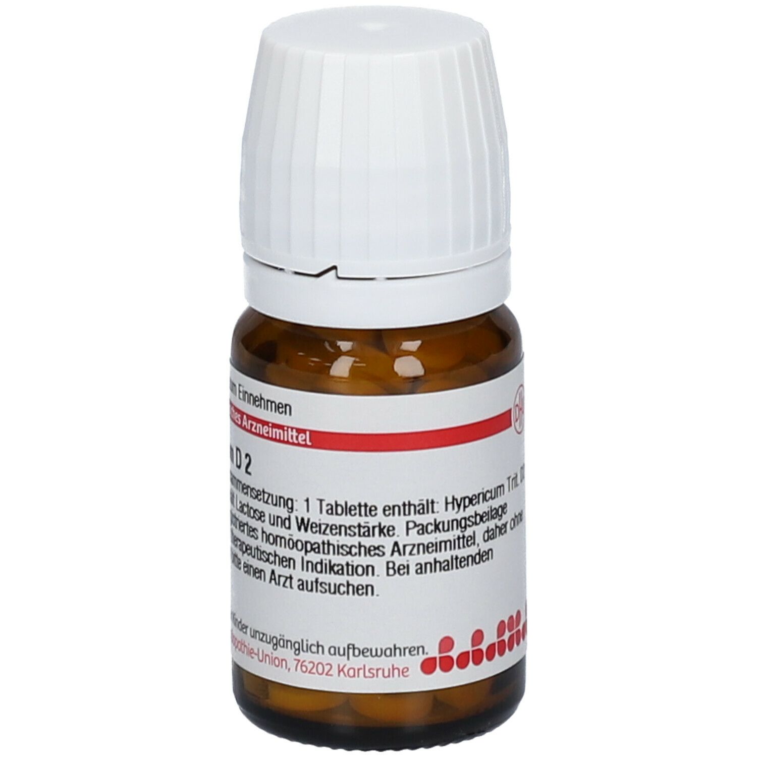 Braune Glasflasche mit weißem Deckel. Etikett mit Produktinformationen: Hypericum D2. Tabletten sichtbar. Hersteller: Deutsche Homöopathie-Union.