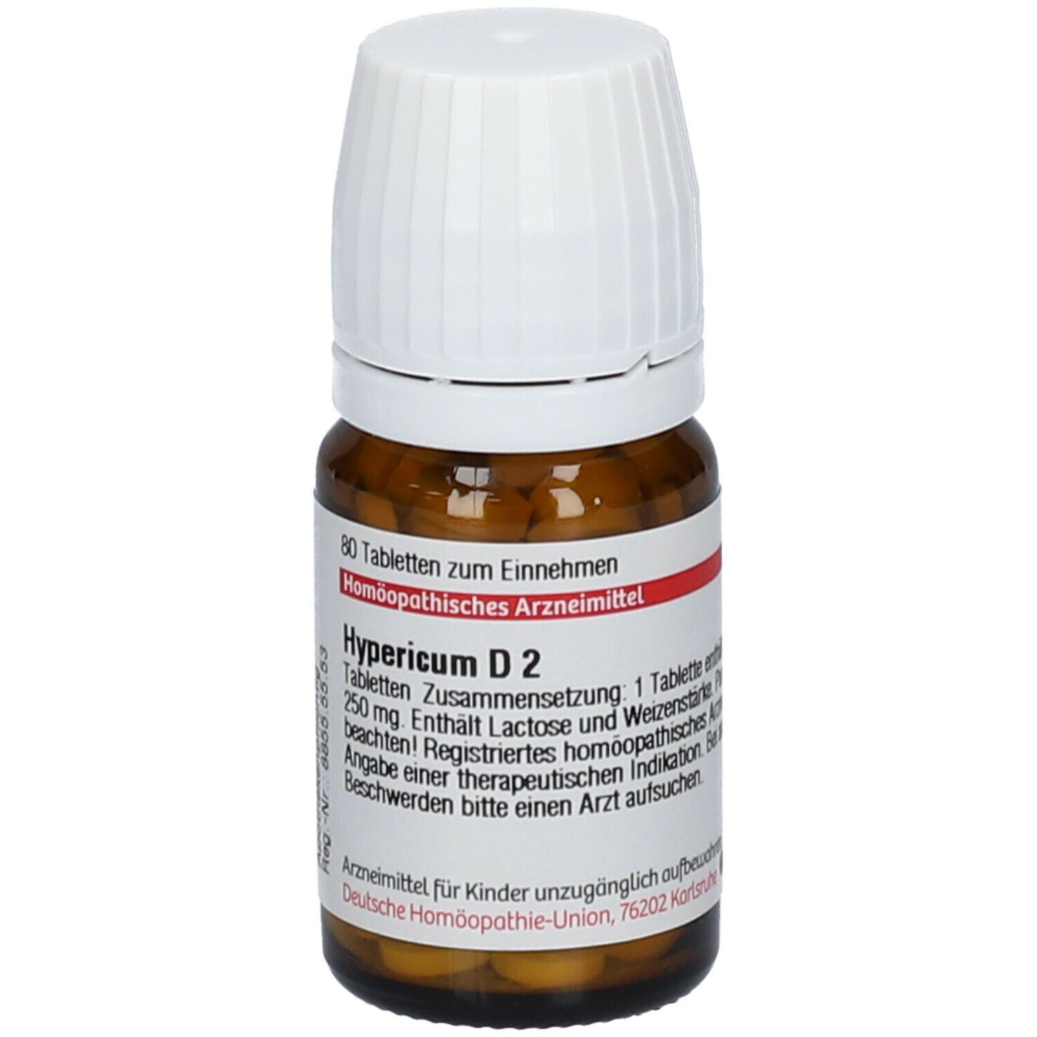 Braune Glasflasche mit weißem Deckel. Etikett mit Produktinformationen: Hypericum D2, 80 Tabletten. Apothekenpflichtig.