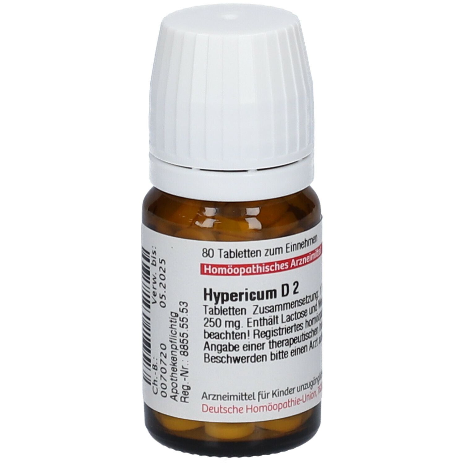 Braune Glasflasche mit weißem Deckel. Etikett mit Produktinformationen: Hypericum D2, 80 Tabletten. Verwendbar bis 05.2025.