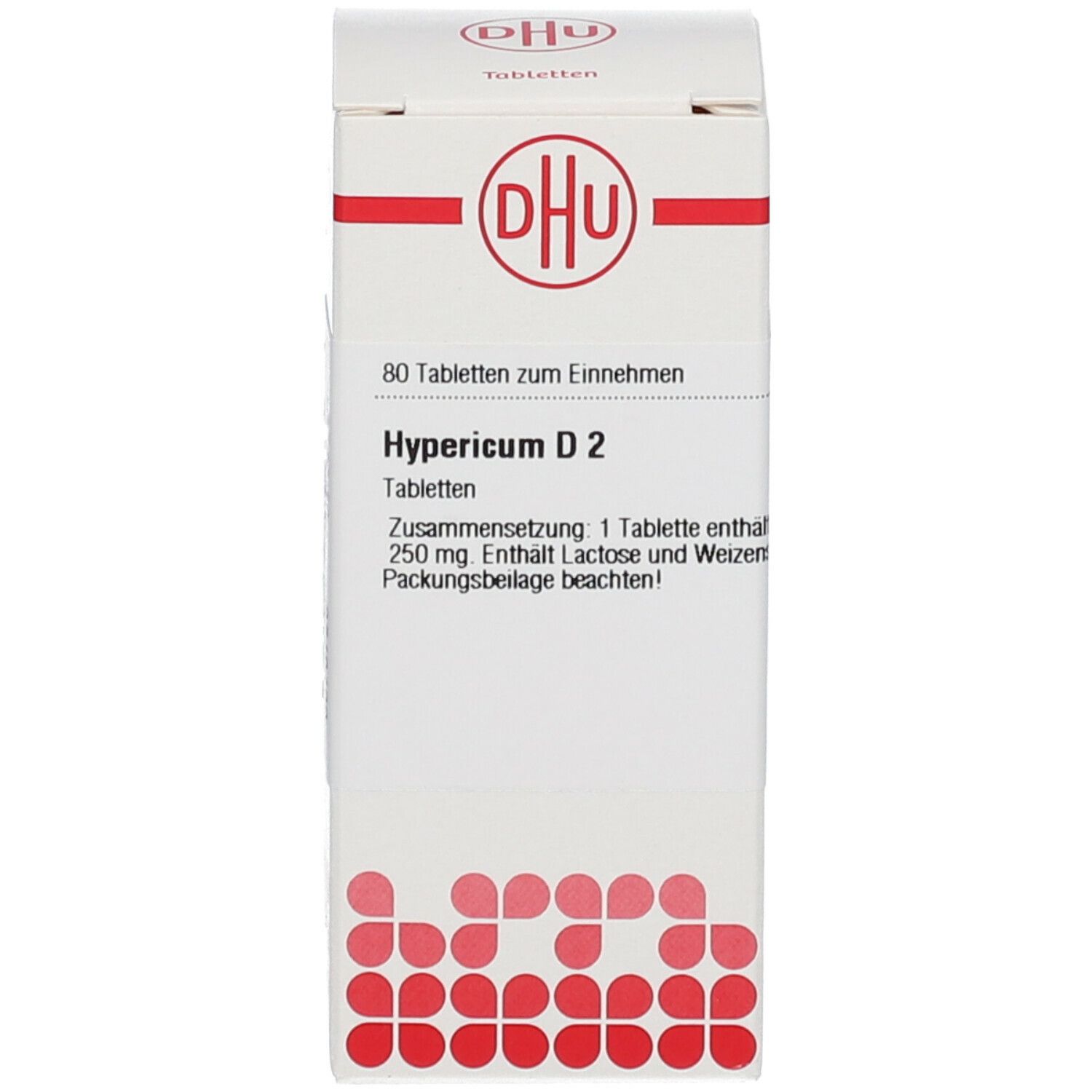 Weiße Schachtel mit DHU Logo. Produktinformationen: Hypericum D2, 80 Tabletten. Rote Punkte am unteren Rand.