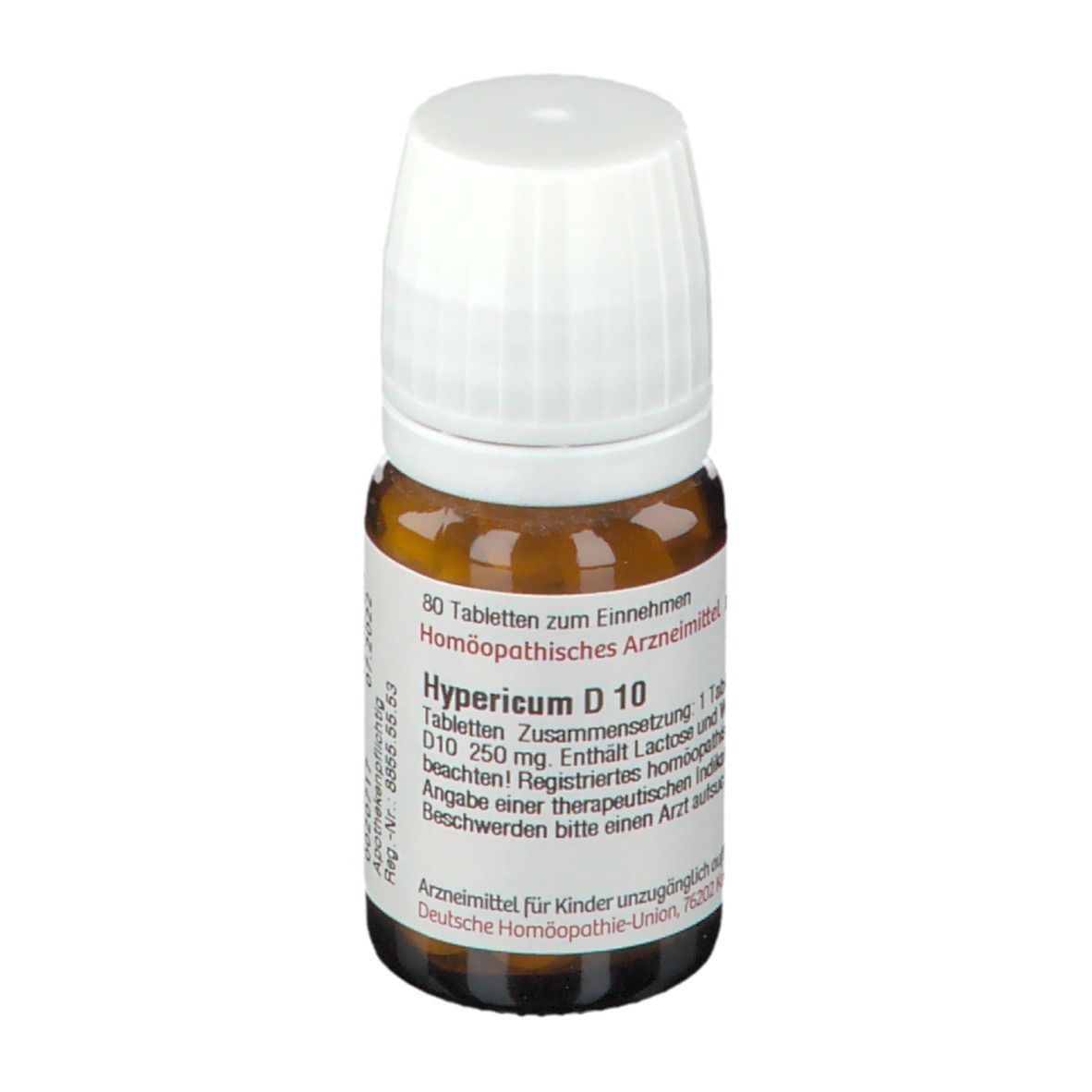 Braune Glasflasche mit weißem Deckel. Etikett mit Text: Hypericum D 10, 80 Tabletten. Apotheken-Nr. und weitere Informationen.