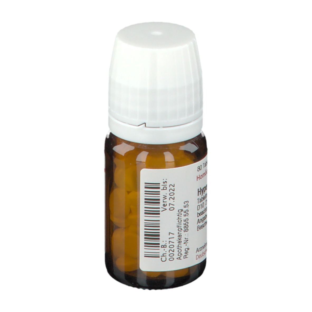 Braune Glasflasche mit weißem Deckel. Etikett mit Text: Hypericum D 10, Tabletten. Chargen-Nr. und Verfallsdatum.