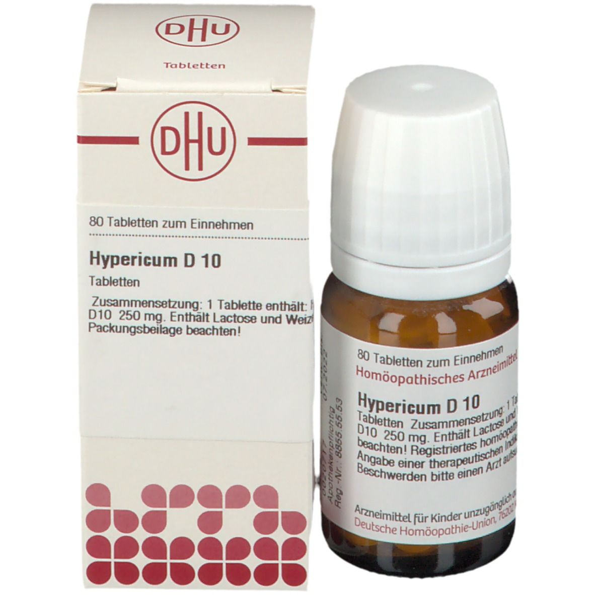 Braune Glasflasche mit weißem Deckel und Karton. Auf dem Karton und der Flasche steht: Hypericum D 10, 80 Tabletten. DHU Logo.